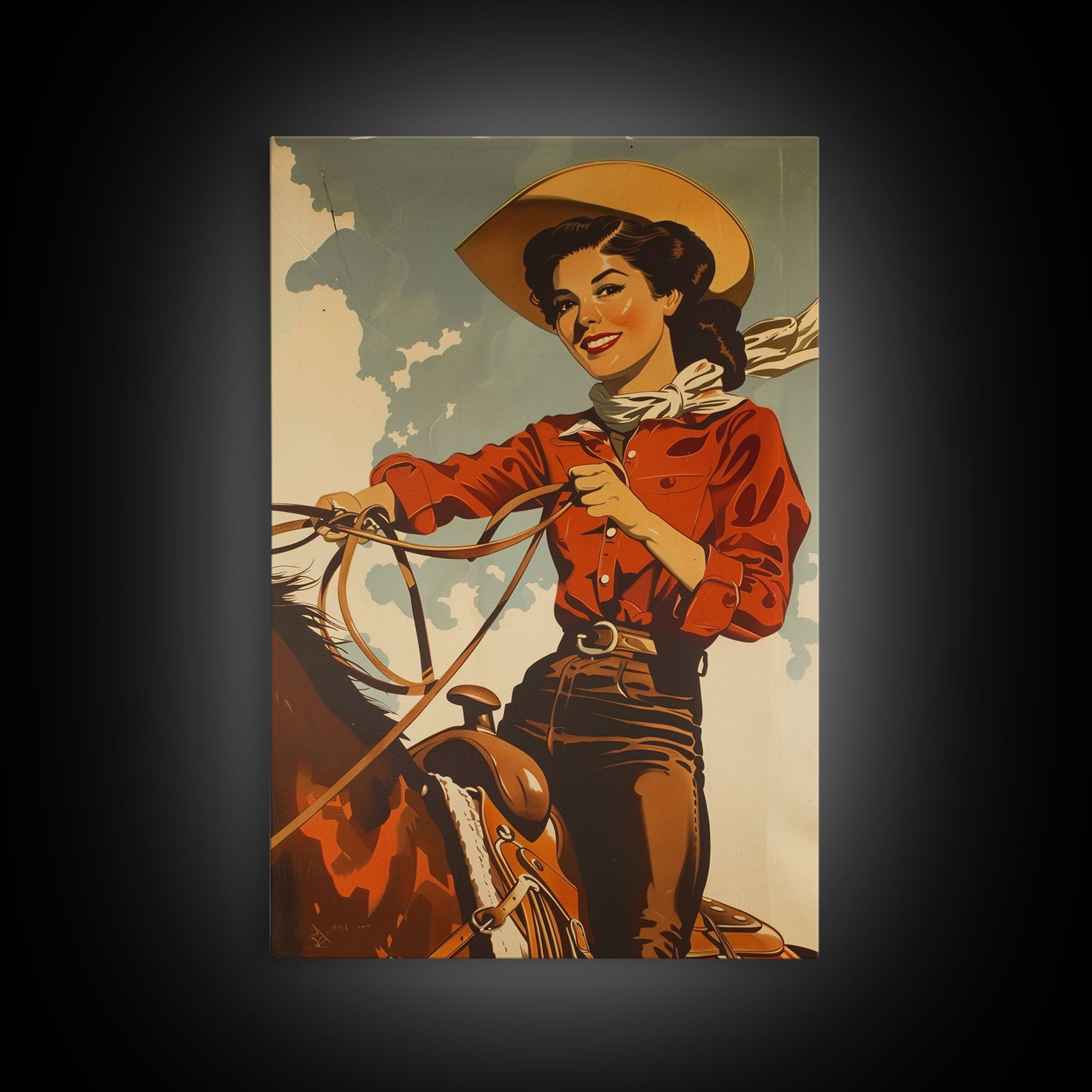 Classic Cowgirl with Red Outfit on Horse | Framed Canvas Print | Western Wall Art | Living Room Decor | Rustic Home Decor