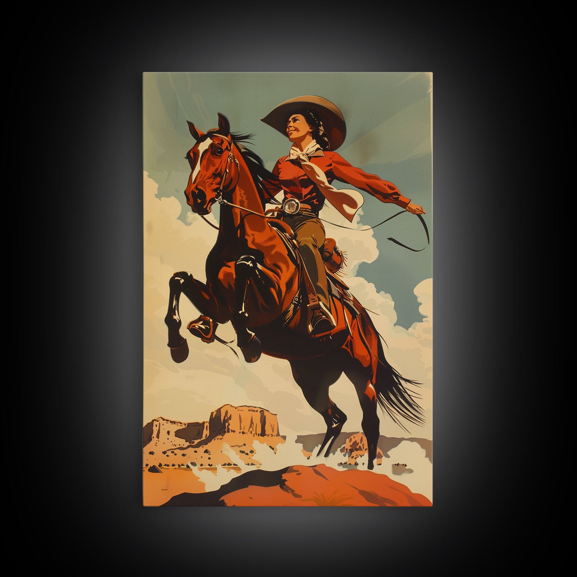 Elegant Cowgirl Commanding Horse | Framed Canvas Print | Western Wall Art | Living Room Decor | Rustic Home Decor