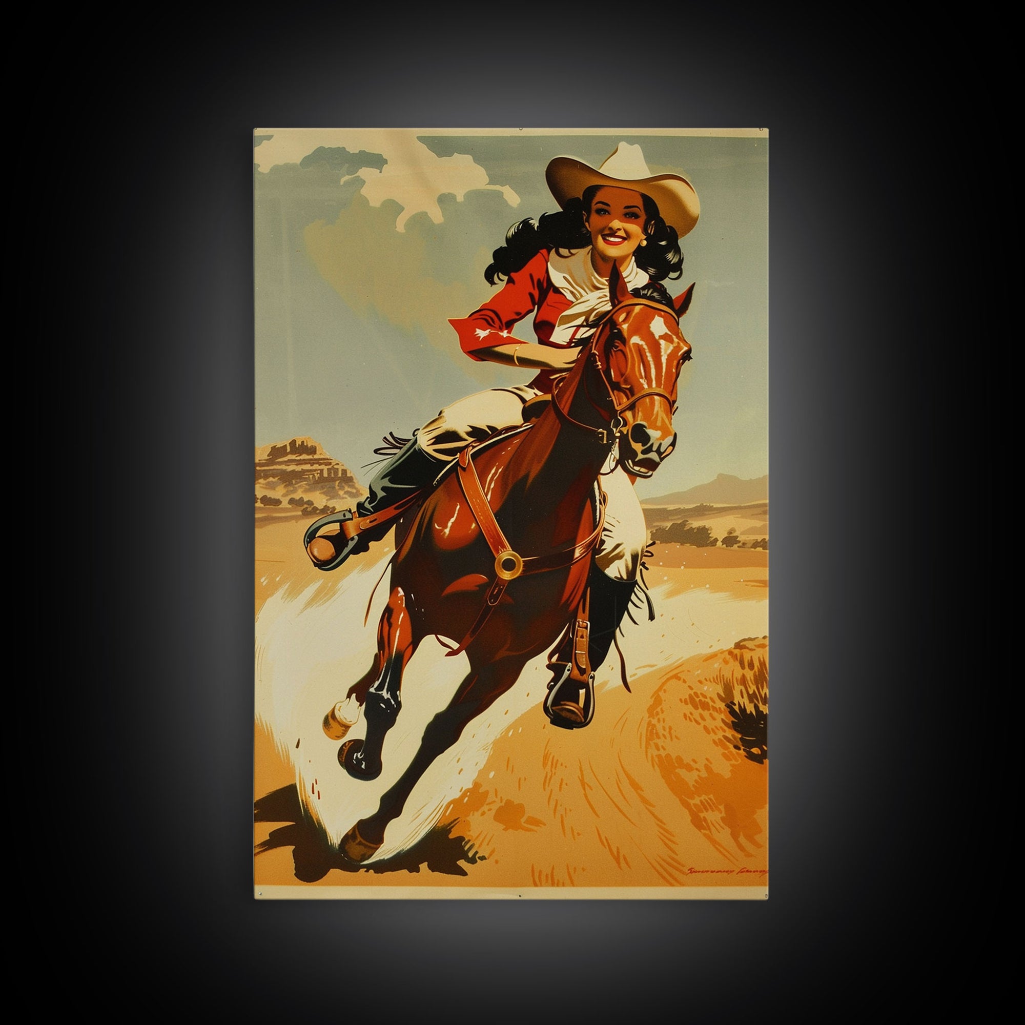 Graceful Cowgirl Jumping with Horse | Framed Canvas Print | Western Wall Art | Living Room Decor | Rustic Home Decor