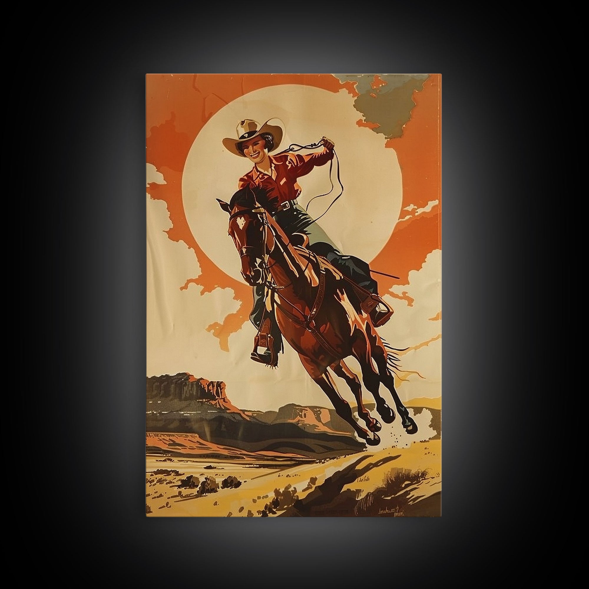 Spirited Cowgirl Racing Horse in Desert | Framed Canvas Print | Western Wall Art | Living Room Decor | Rustic Home Decor