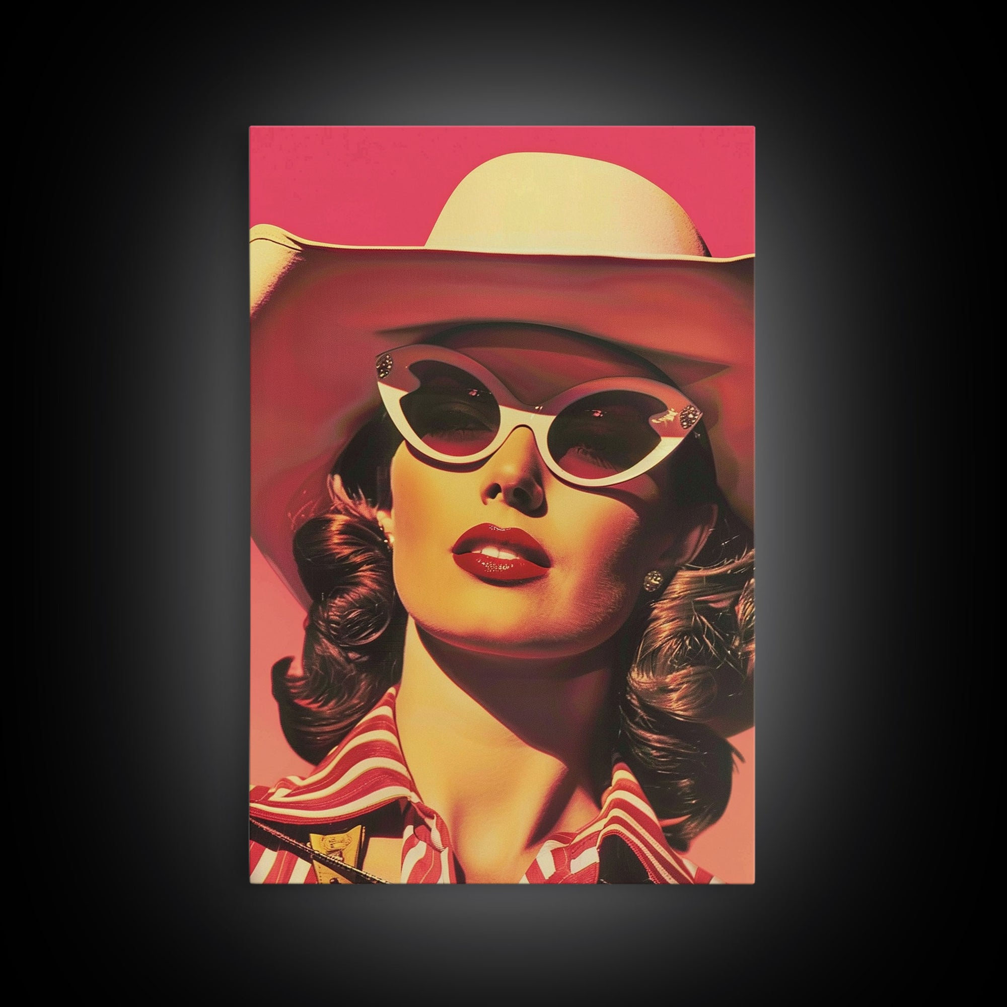 Retro Cowgirl in Sunglasses with Hat Art | Framed Canvas Print | Vintage Western Decor | Classic Cowgirl Wall Art for Home Decor