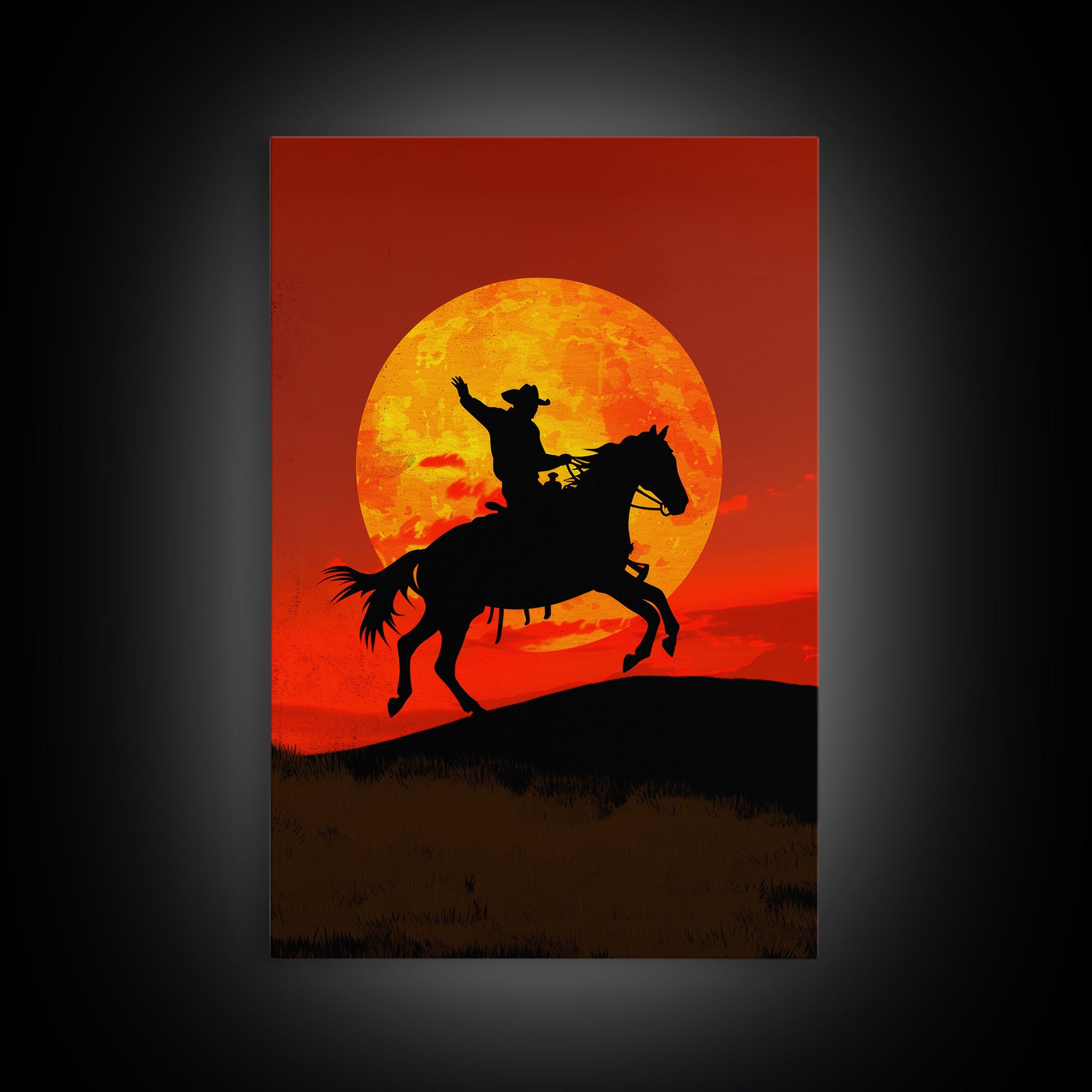 Cowboy Silhouette on Horseback at Sunset | Framed Canvas Print | Western Landscape Art | Rustic Cowboy Wall Art for Living Room