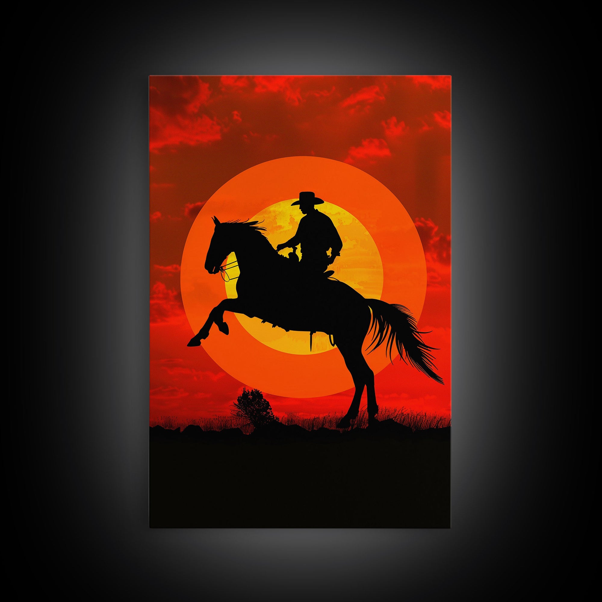 Cowboy on Horse with Dramatic Sunset Background | Framed Canvas Print | Western Silhouette Art | Sunset Cowboy Wall Art for Bedroom