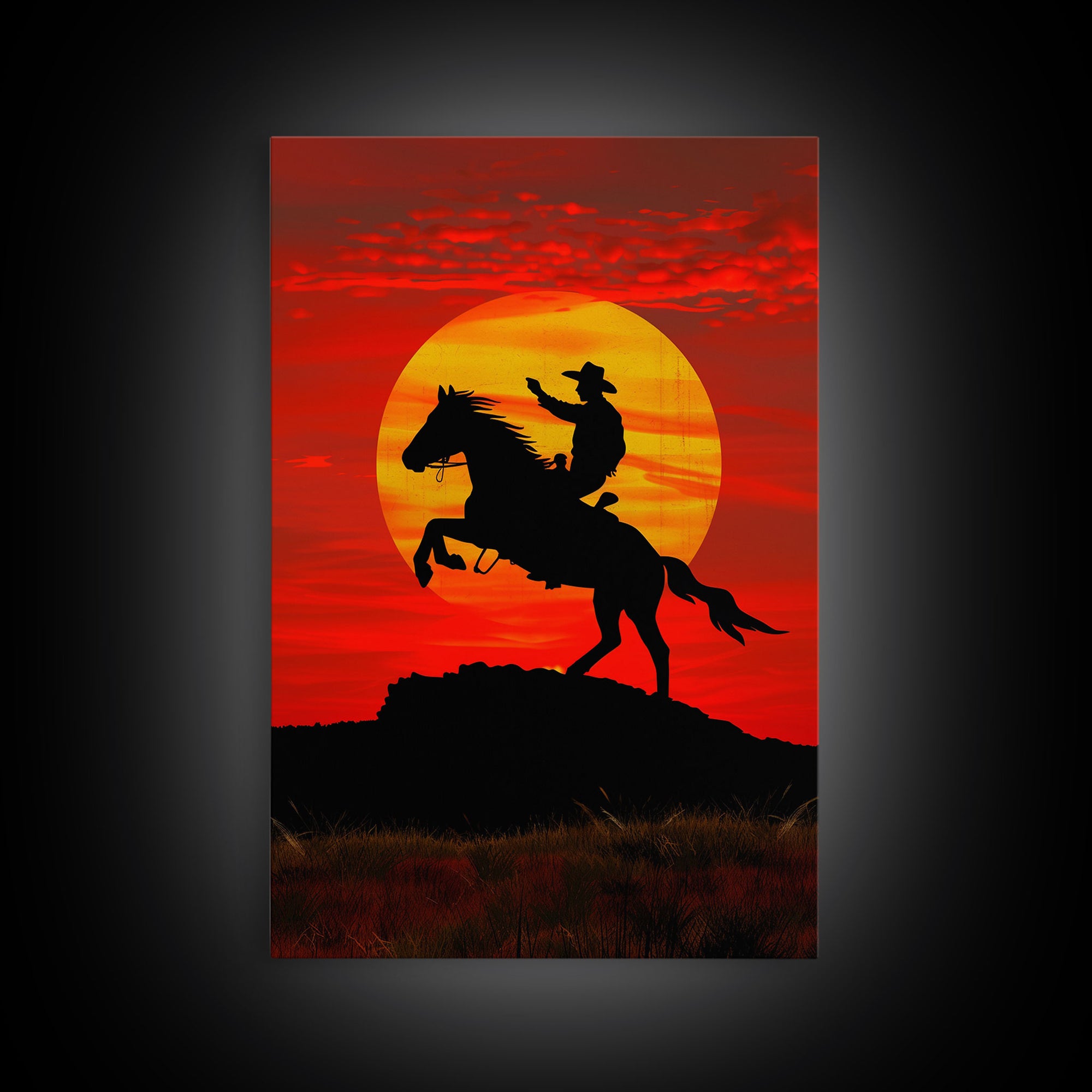 Dynamic Cowboy Horse Ride Silhouette at Sunset | Framed Canvas Print | Western Wall Art | Sunset Horseback Wall Art for Home Decor