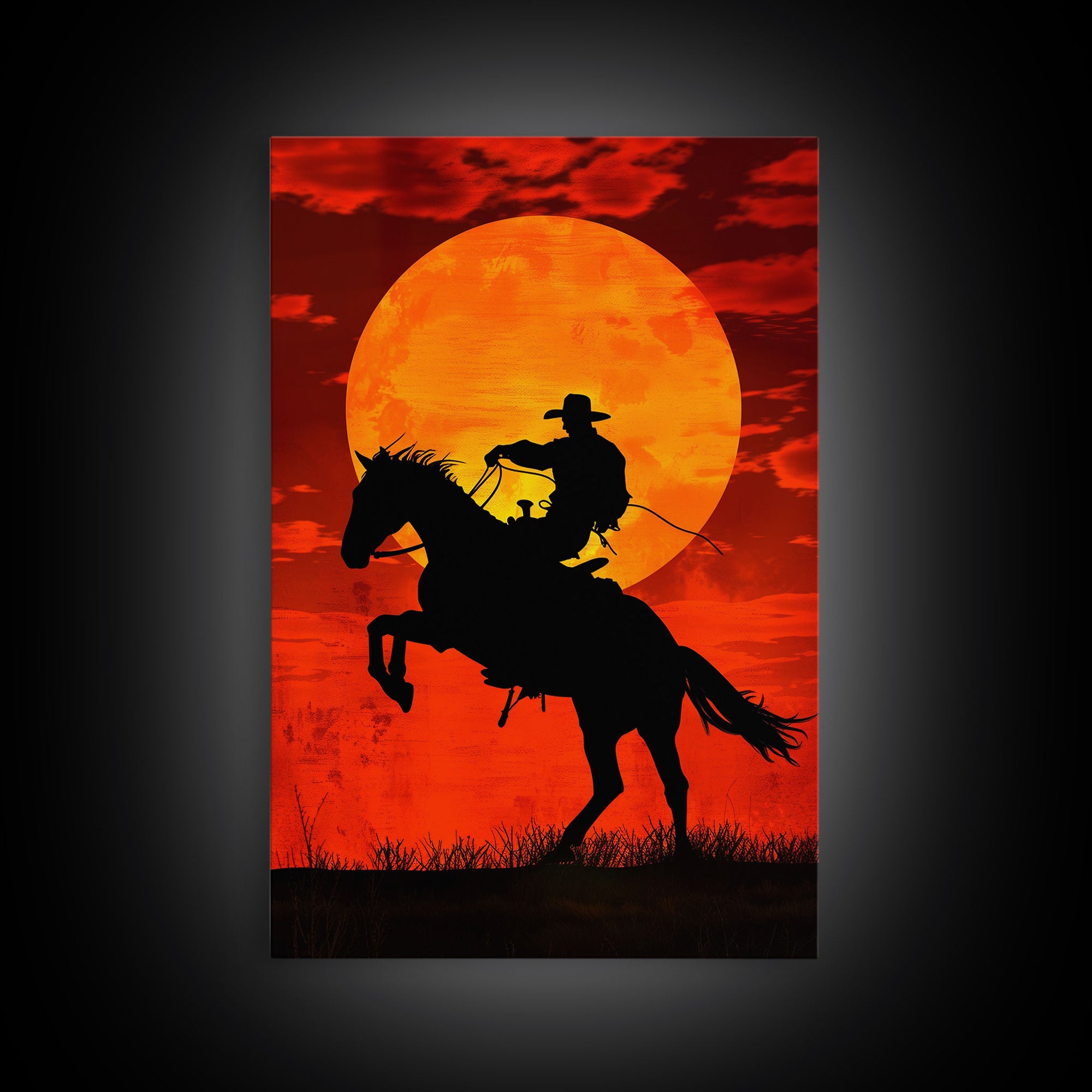 Cowboy Riding Horse into the Sunset | Framed Canvas Print | Western Silhouette Art | Rustic Cowboy Wall Art for Living Room