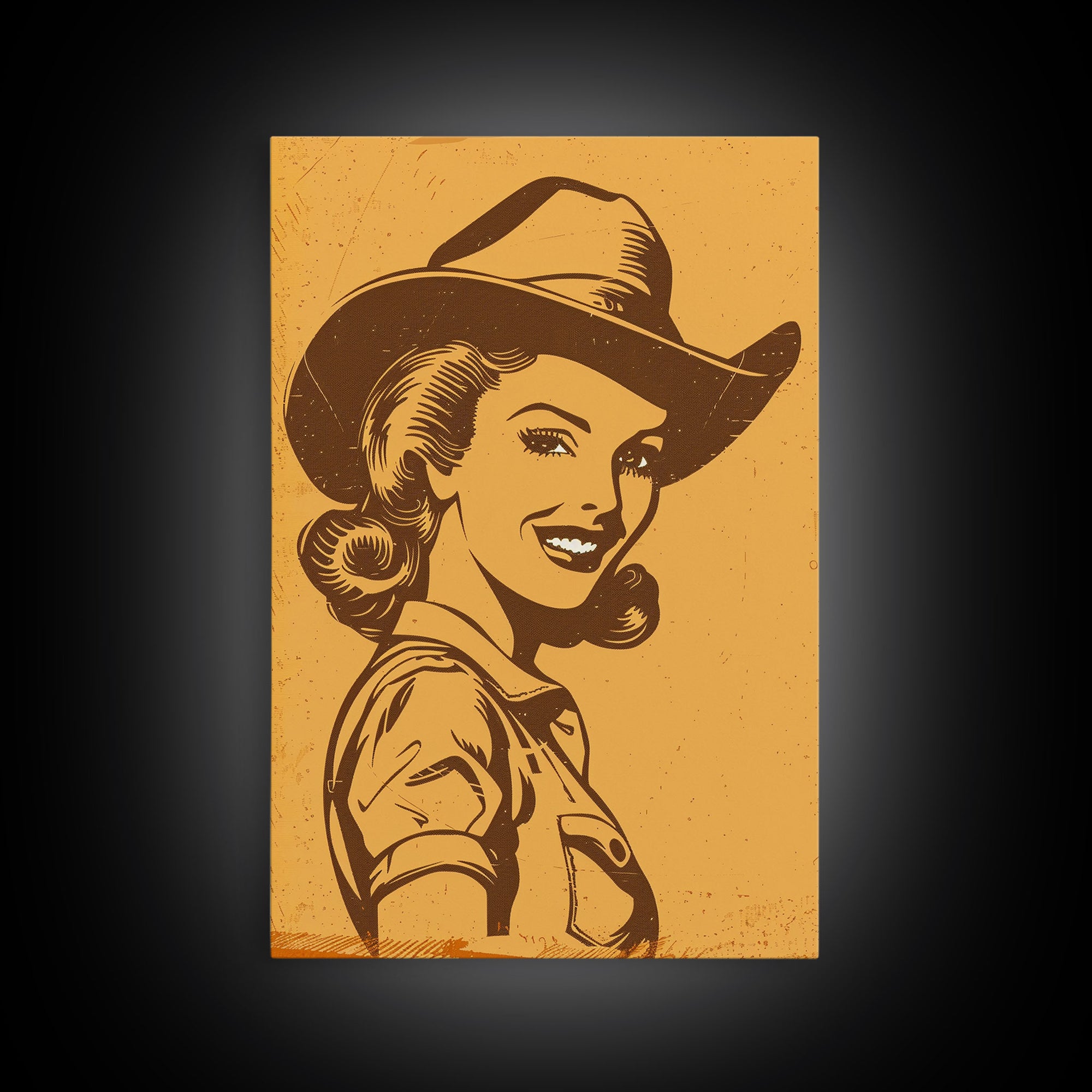 Smiling Retro Cowgirl in Hat Illustration | Framed Canvas Print | Vintage Western Art | Retro Cowgirl Wall Art for Bedroom Decor