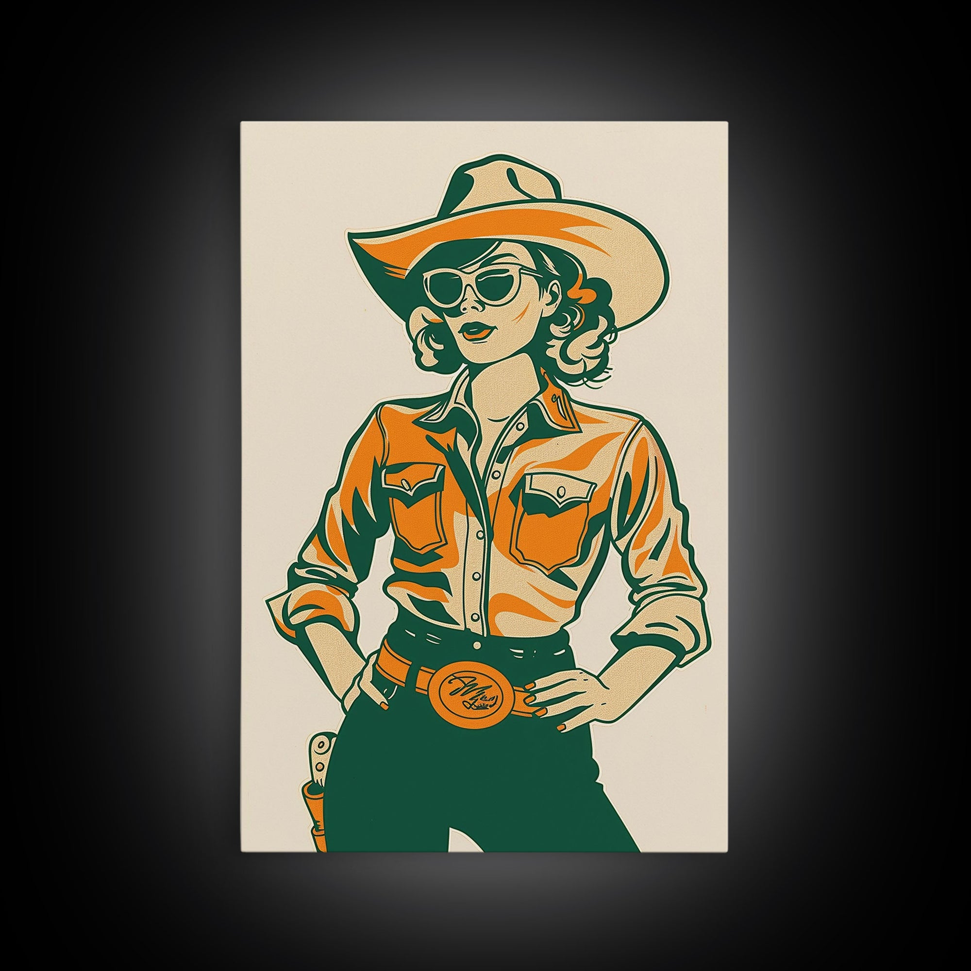 Stylish Retro Cowgirl in Sunglasses Illustration | Framed Canvas Print | Vintage Western Decor | Classic Cowgirl Wall Art for Home