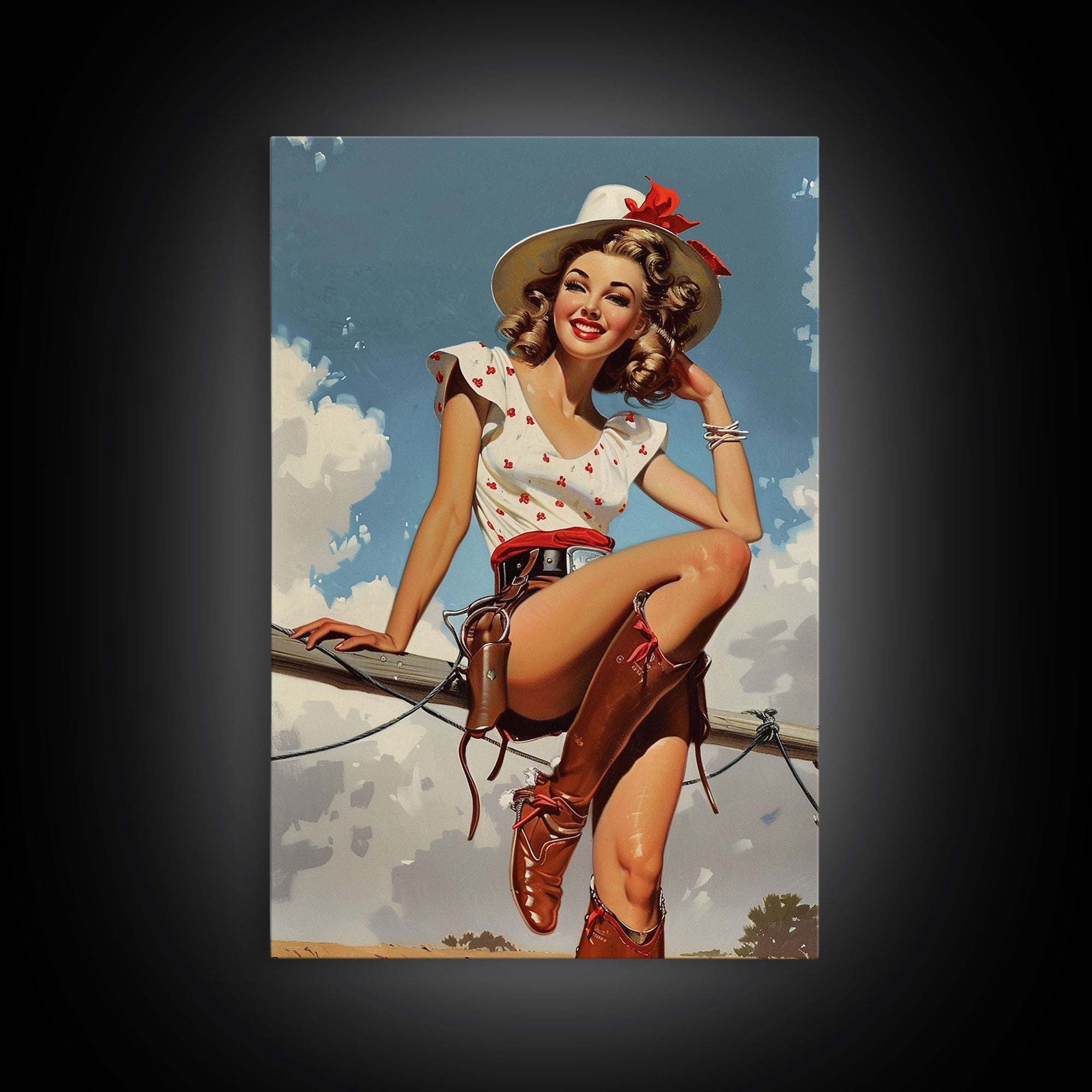 Classic Cowgirl Pin-Up Art Print, Vintage Western Framed Canvas, Retro Pin-Up Girl in Cowboy Hat and Boots, Unique Home Decor