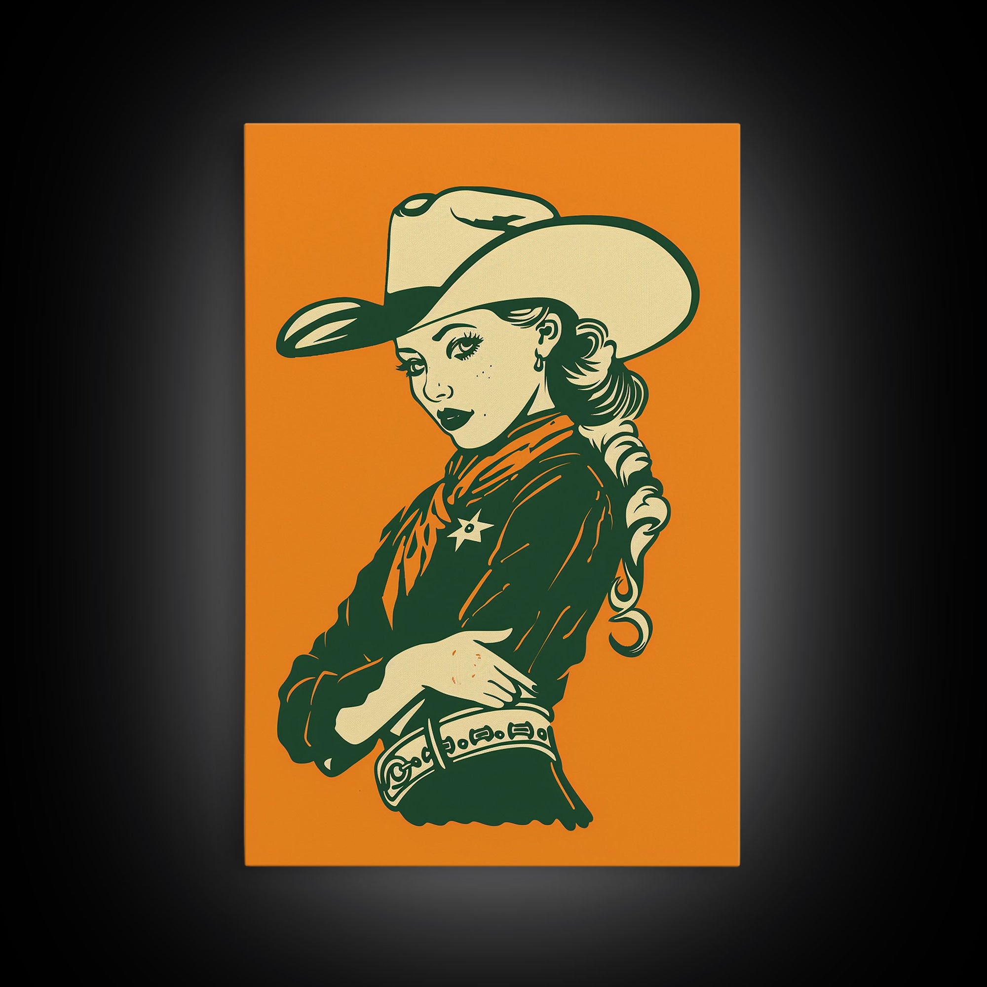 Elegant Retro Cowgirl with Hat Illustration | Framed Canvas Print | Vintage Western Art | Stylish Cowgirl Wall Art for Living Room