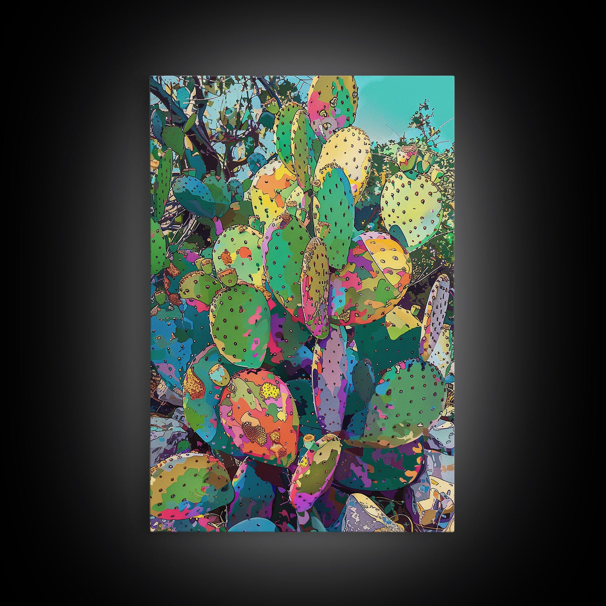 Vibrant Prickly Pear Cactus in Abstract Style - Framed Canvas Print, Colorful Desert Decor, Living Room Art, Cactus Wall Art for Home