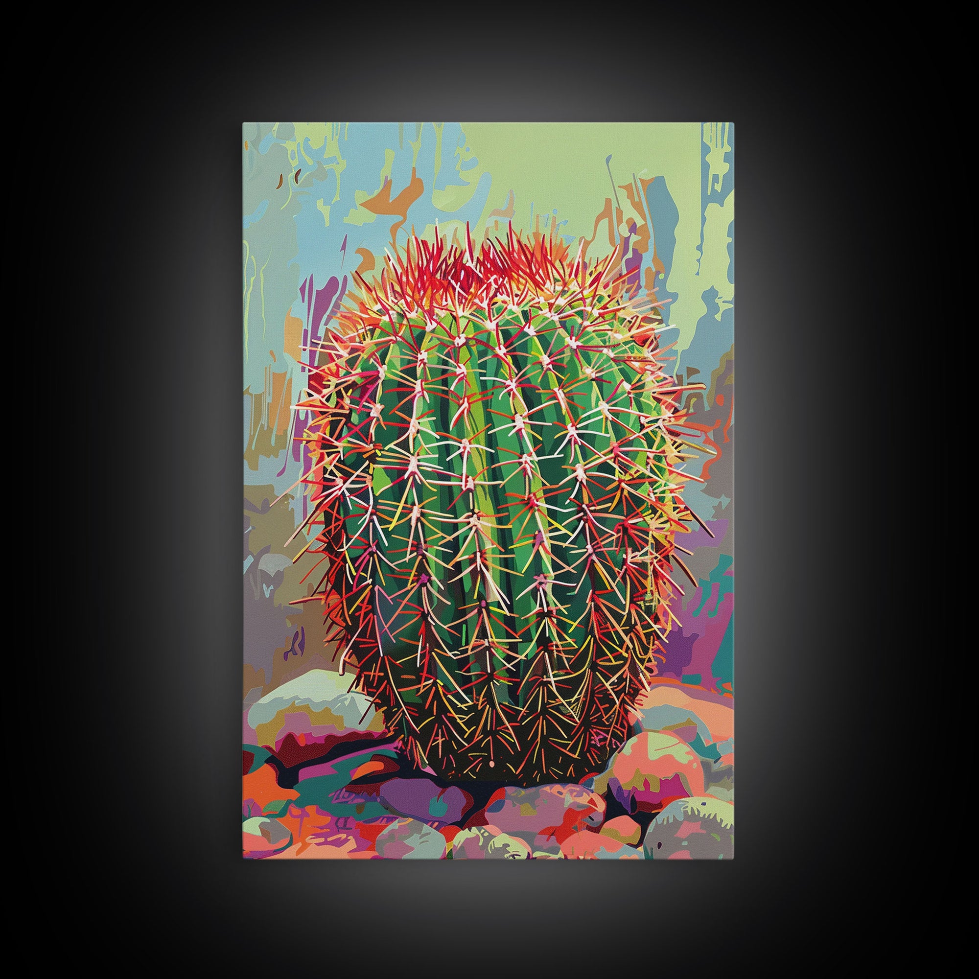 Bold Barrel Cactus Art with Red Spines - Framed Canvas Print, Vibrant Desert Decor, Living Room Art, Cactus Wall Art for Home