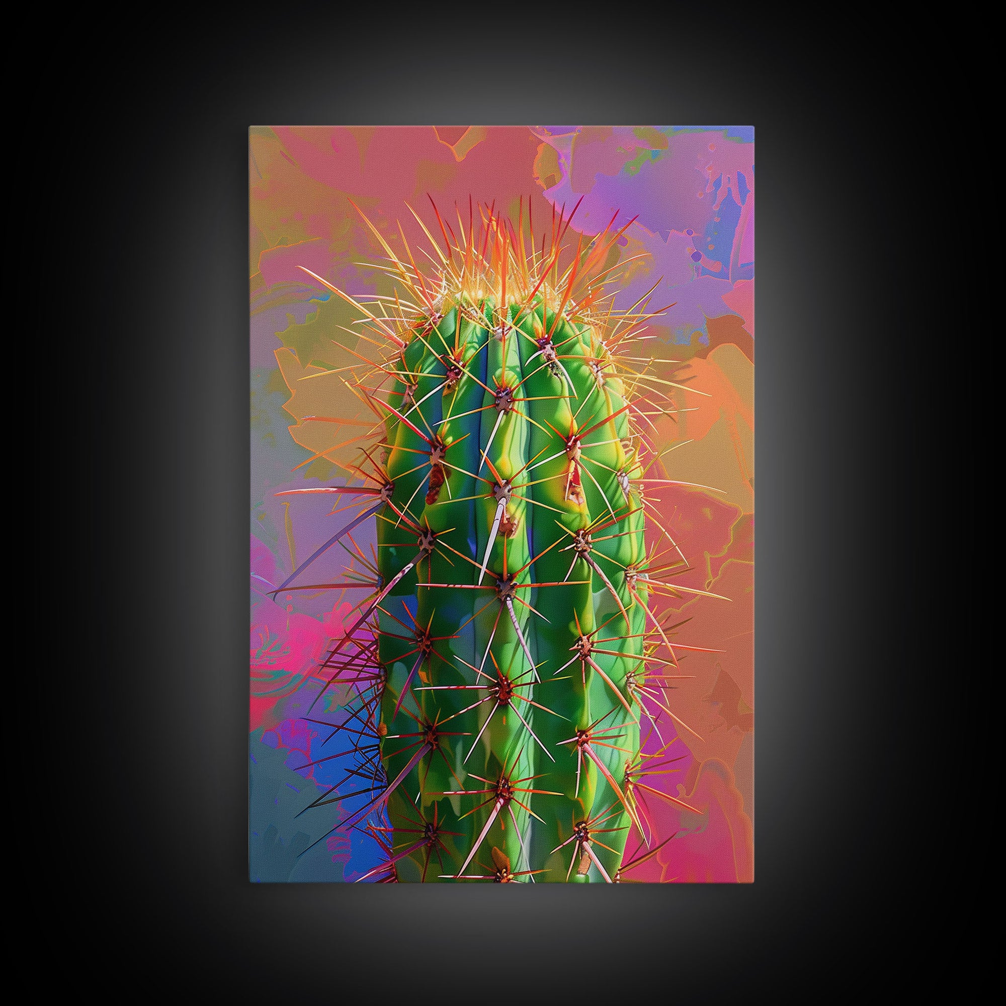 Green Cactus with Orange Spines on Colorful Background - Framed Canvas Print, Bright Desert Decor, Bedroom Art, Cactus Wall Art