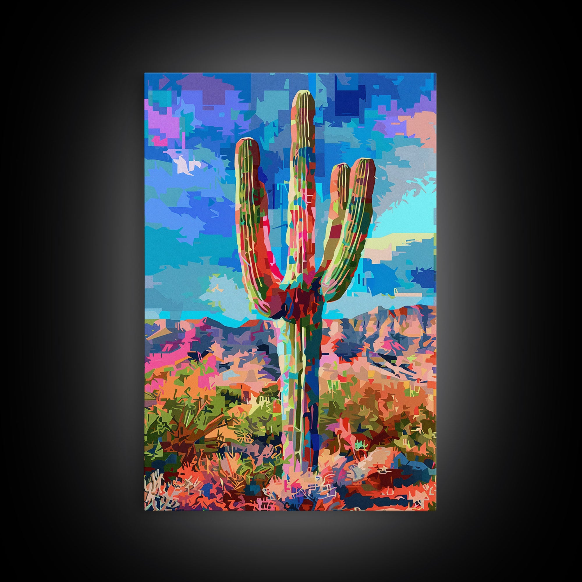 Majestic Saguaro Cactus in Colorful Desert Landscape - Framed Canvas Print, Vibrant Southwest Decor, Living Room Art, Cactus Wall Art