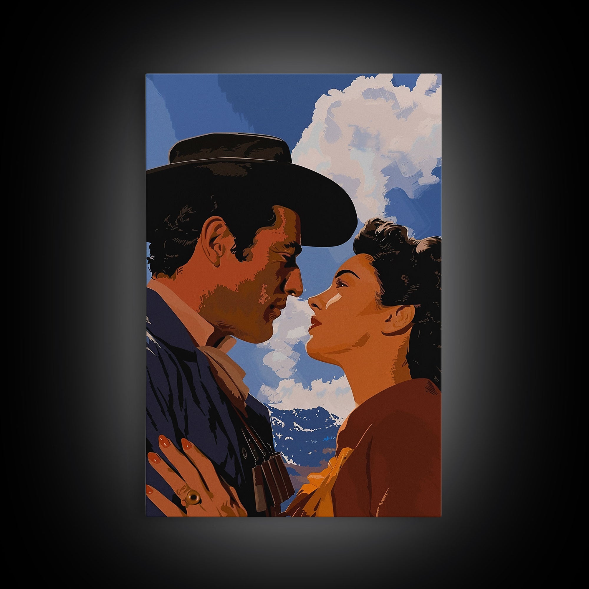 Romantic Cowboy Couple in Western Landscape - Framed Canvas Print, Vintage Western Decor, Bedroom Art, Romantic Wall Art for Home