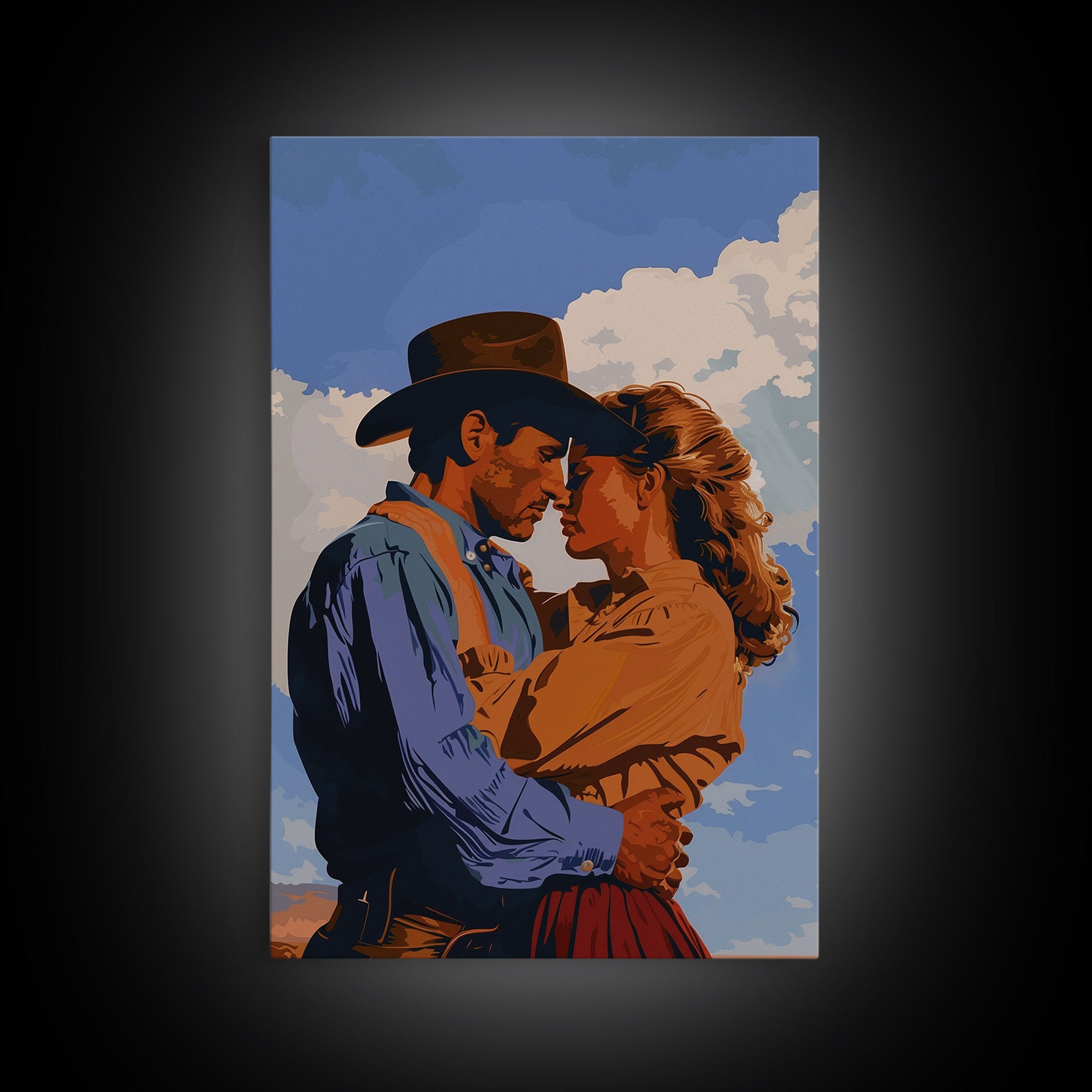 Classic Western Love Scene Under Blue Sky - Framed Canvas Print, Rustic Cowboy Decor, Living Room Art, Romantic Wall Art for Home