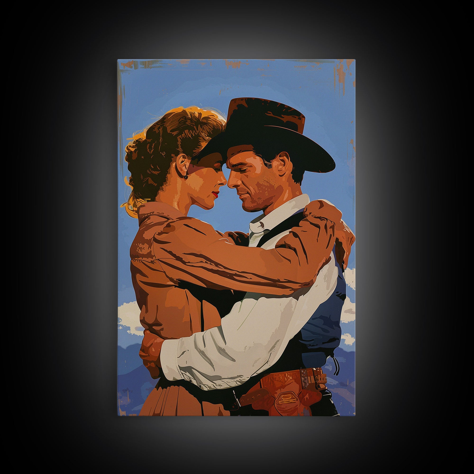 Intimate Western Couple Embracing - Framed Canvas Print, Vintage Western Decor, Bedroom Art, Romantic Wall Art for Home