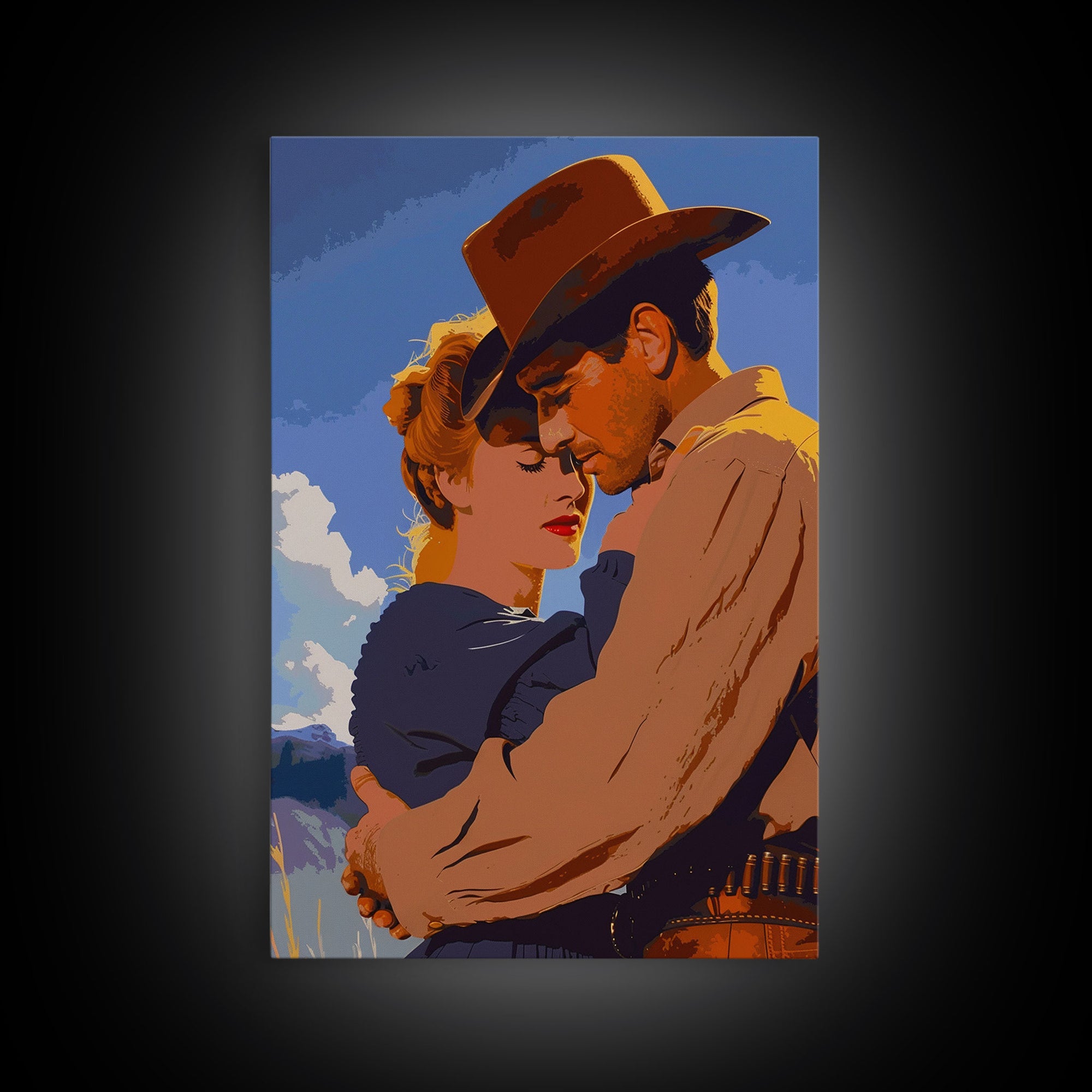 Romantic Cowboy and Cowgirl in Classic Western Art - Framed Canvas Print, Vintage Western Decor, Living Room Art, Romantic Wall Art