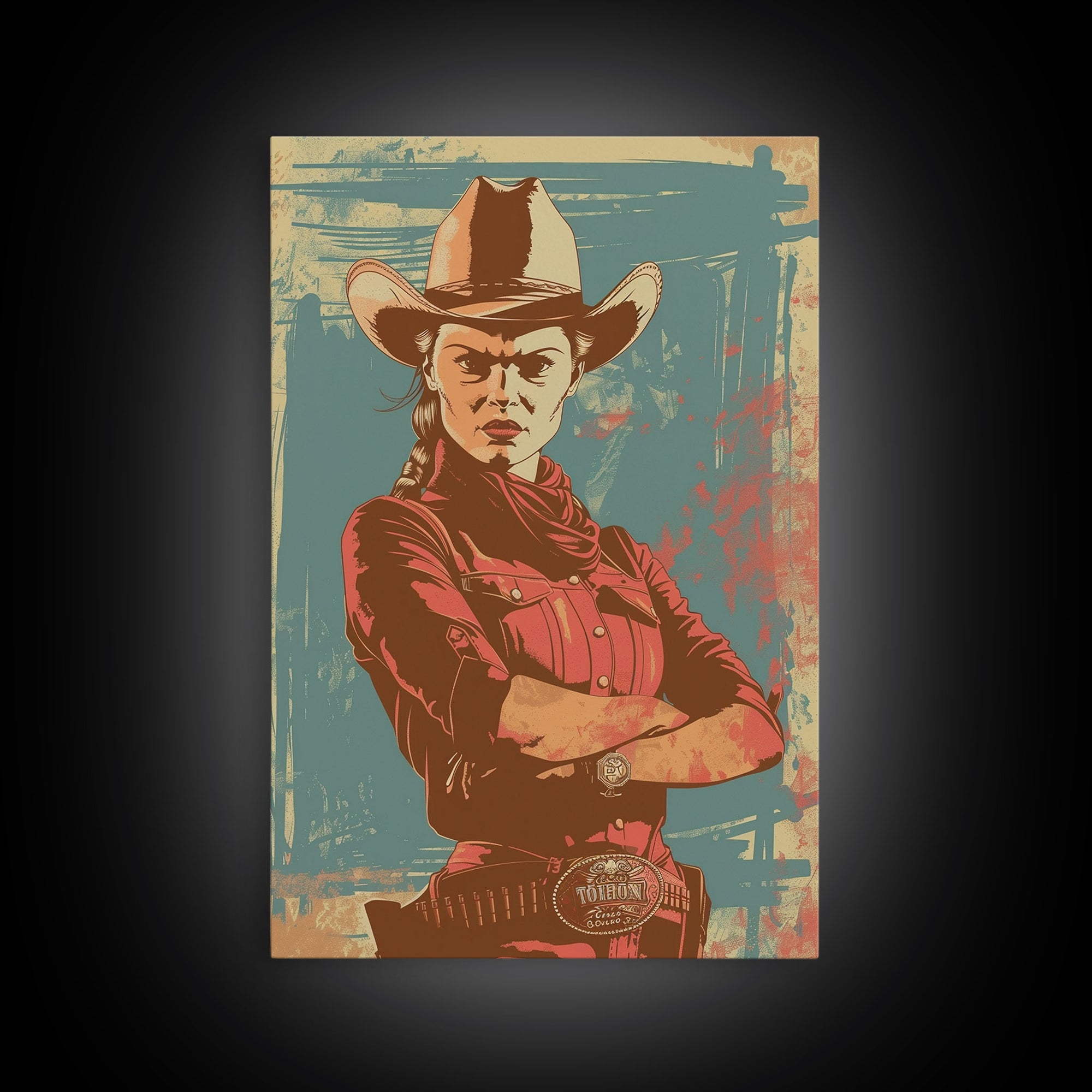 Fierce Cowgirl in Red Framed Canvas Print - Rustic Western Decor, Vintage Wall Art for Living Room, Bedroom Artwork