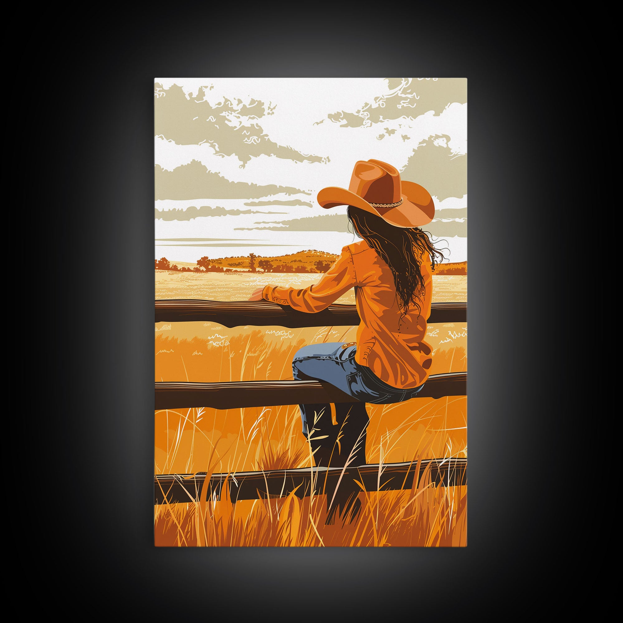 Contemplative Cowgirl on Fence Framed Canvas Print - Serene Western Decor, Country Wall Art for Living Room, Bedroom Artwork