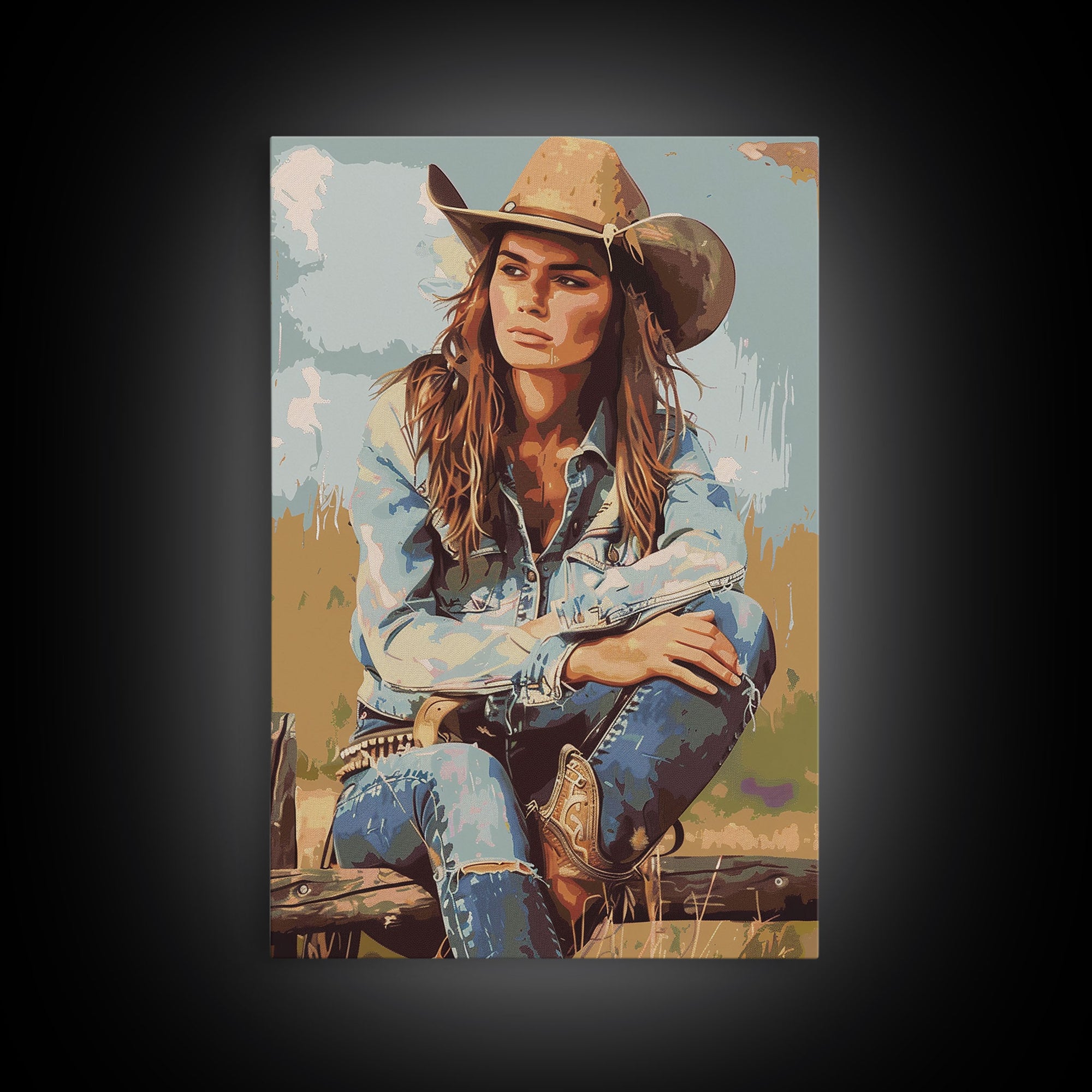 Thoughtful Cowgirl in Denim Framed Canvas Print - Rustic Western Decor, Vintage Wall Art for Living Room, Bedroom Artwork