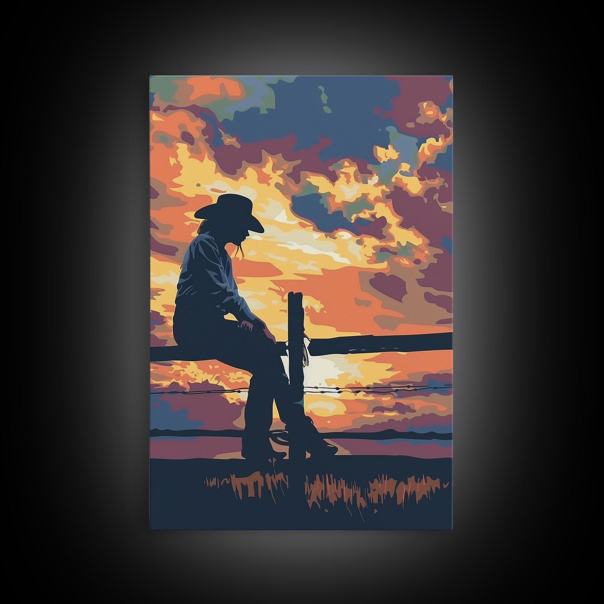 Silhouette of Cowboy at Sunset Framed Canvas Print - Vibrant Western Decor, Stunning Wall Art for Living Room, Bedroom