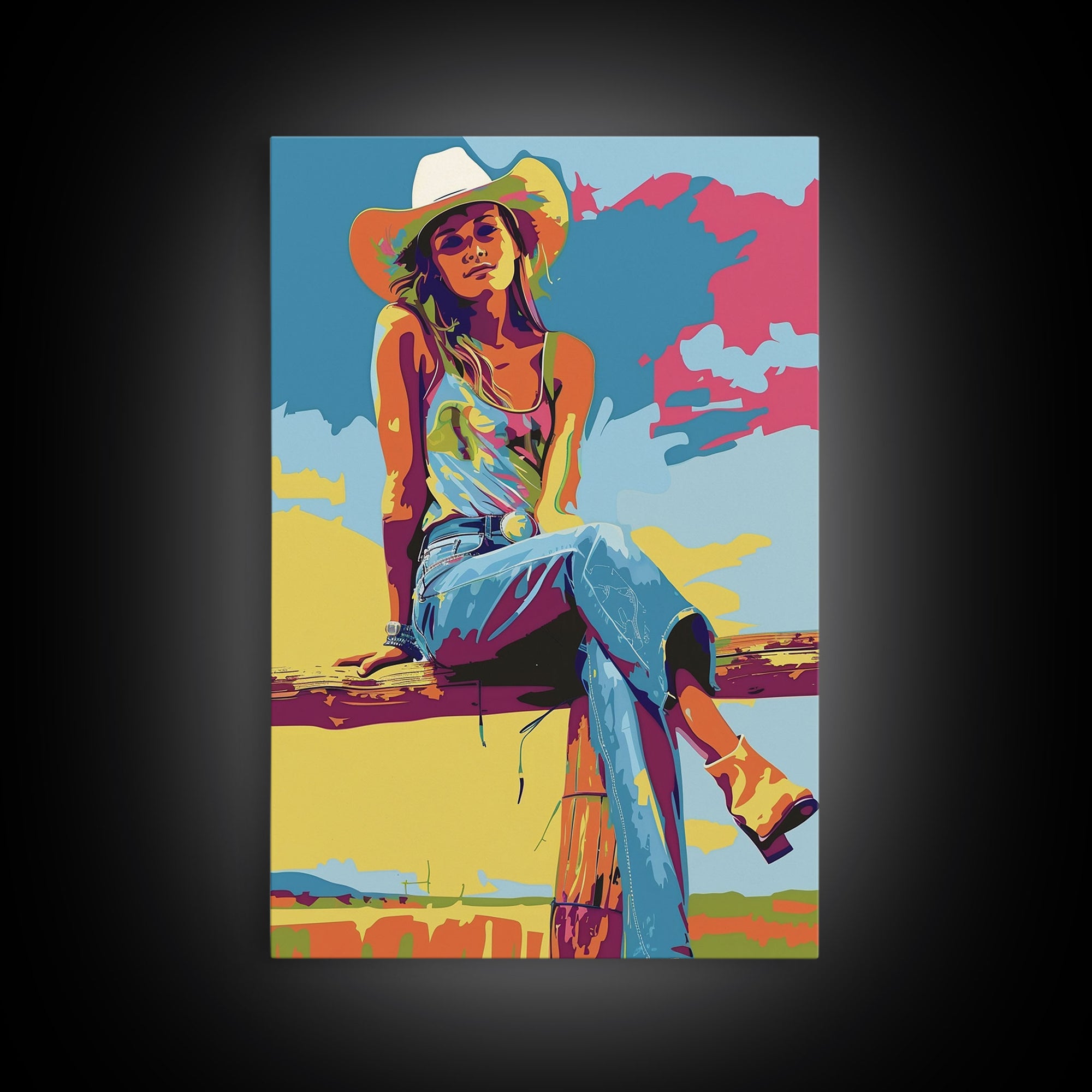 Colorful Cowgirl Portrait Framed Canvas Print - Bright Western Decor, Pop Art Wall Art for Living Room, Bedroom