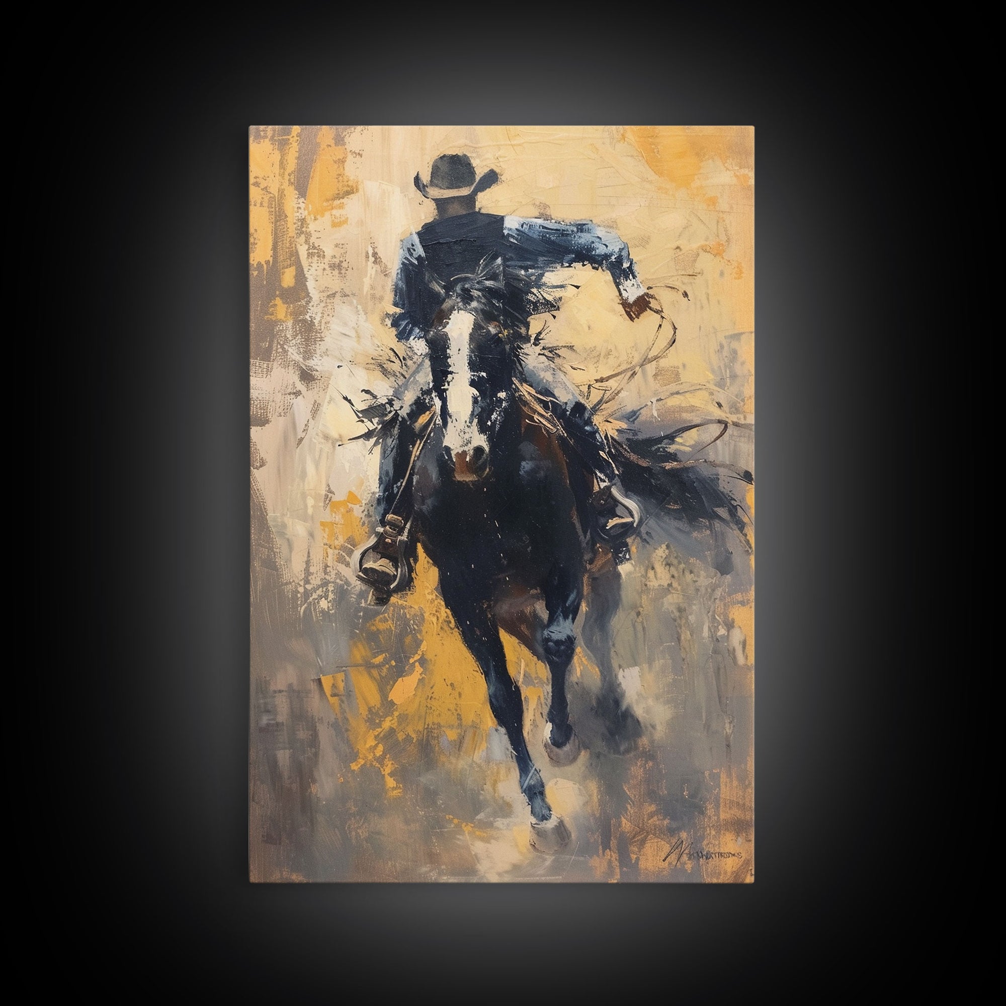 Intense Cowboy Riding Fast Framed Canvas Print - High-Energy Western Decor, Exciting Wall Art for Living Room, Bedroom