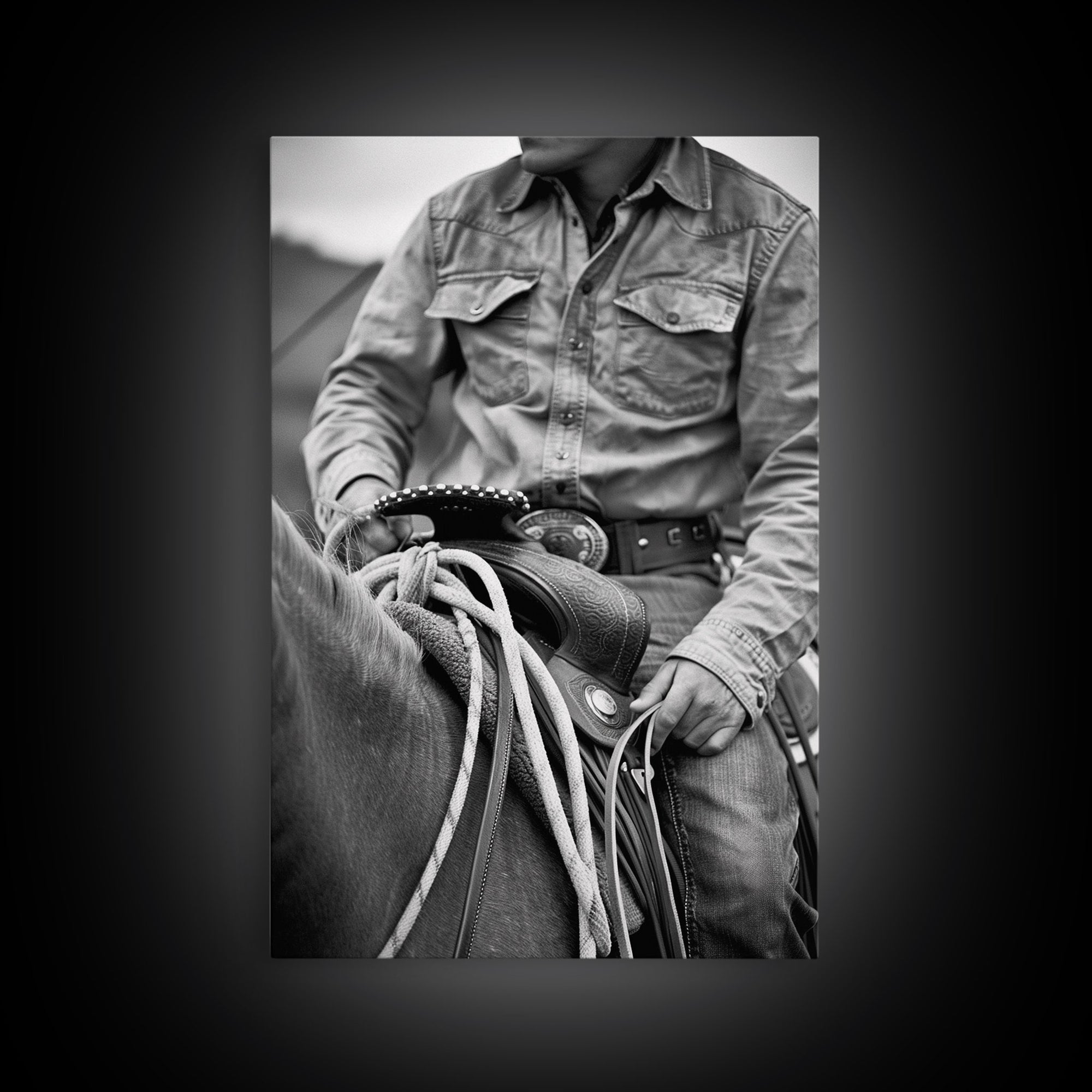 Close-up of cowboy hands holding reins, detailed Western art, black and white photography, Framed Canvas Print, rustic home decor, wall art