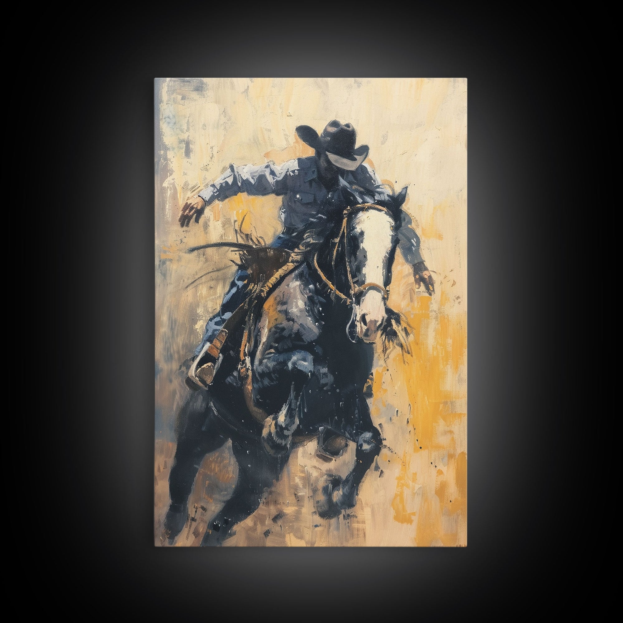 Action-Packed Cowboy on Horseback - Framed Canvas Print, Western Wall Art, Rustic Decor, Living Room and Bedroom Art Print