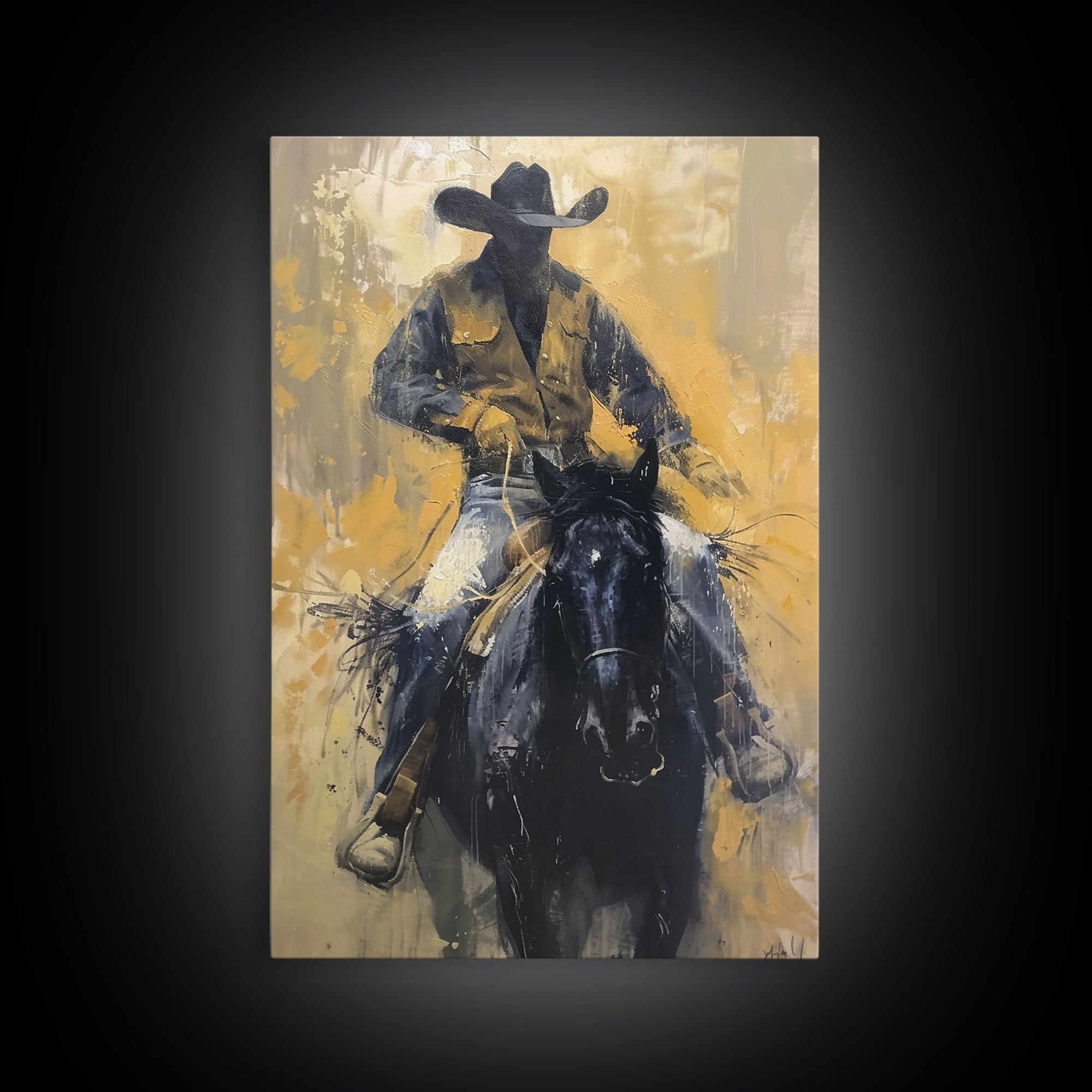 Cowboy in Full Gear Riding Horse - Framed Canvas Print, Western Wall Art, Rustic Decor, Living Room and Bedroom Art Print