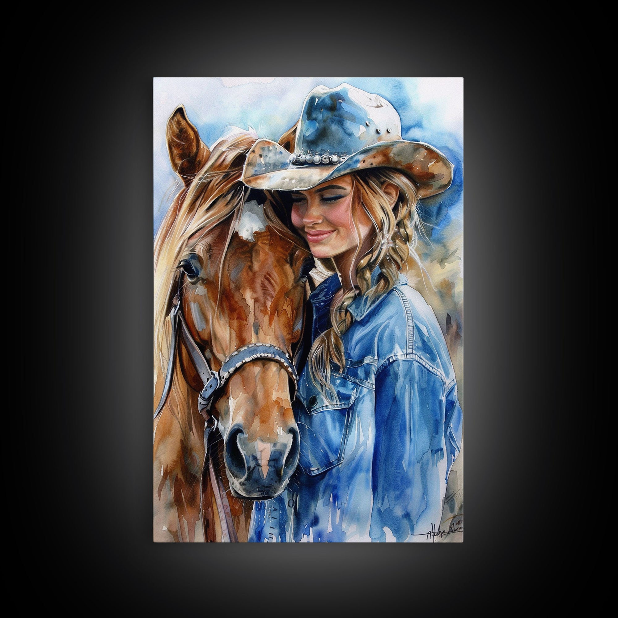 Cowgirl with Horse in Denim Outfit - Framed Canvas Print, Western Wall Art, Rustic Decor, Living Room and Bedroom Art Print