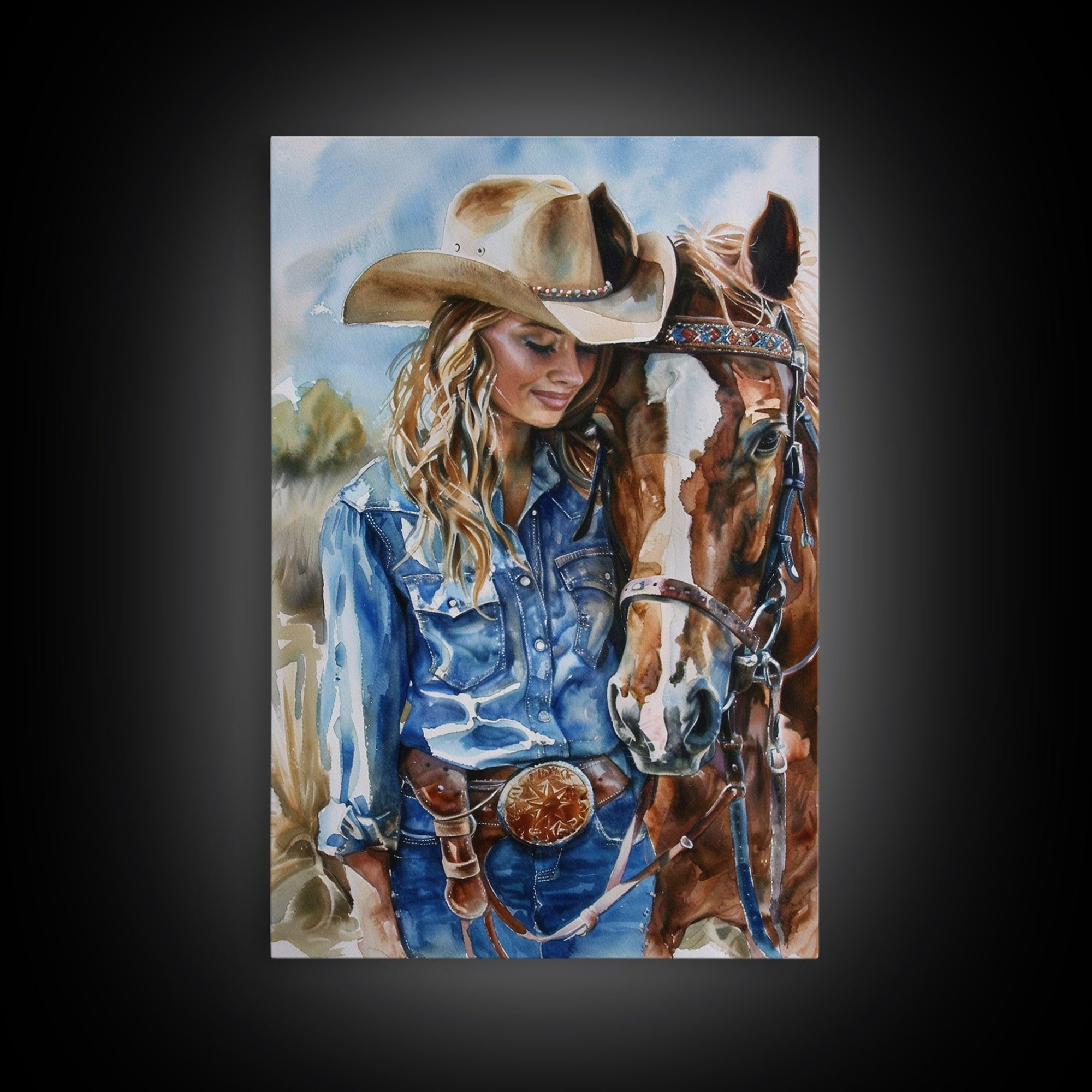 Cowgirl Preparing Horse for Ride - Framed Canvas Print, Western Wall Art, Rustic Decor, Living Room and Bedroom Art Print