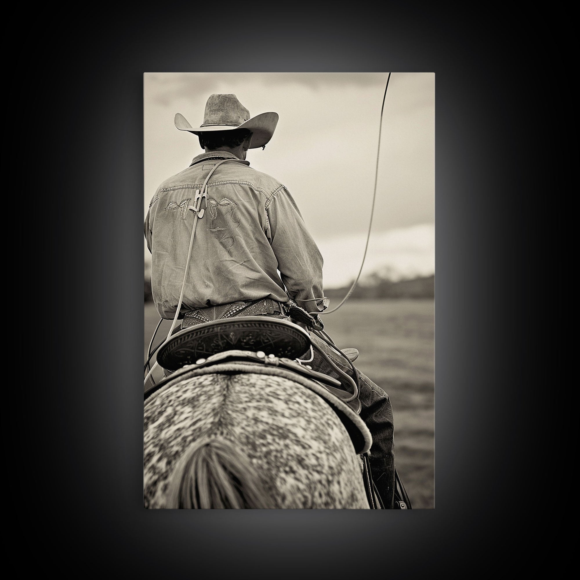 Cowboy on horseback with lasso, vintage black and white Western art, Framed Canvas Print, home decor, rustic wall art for living room