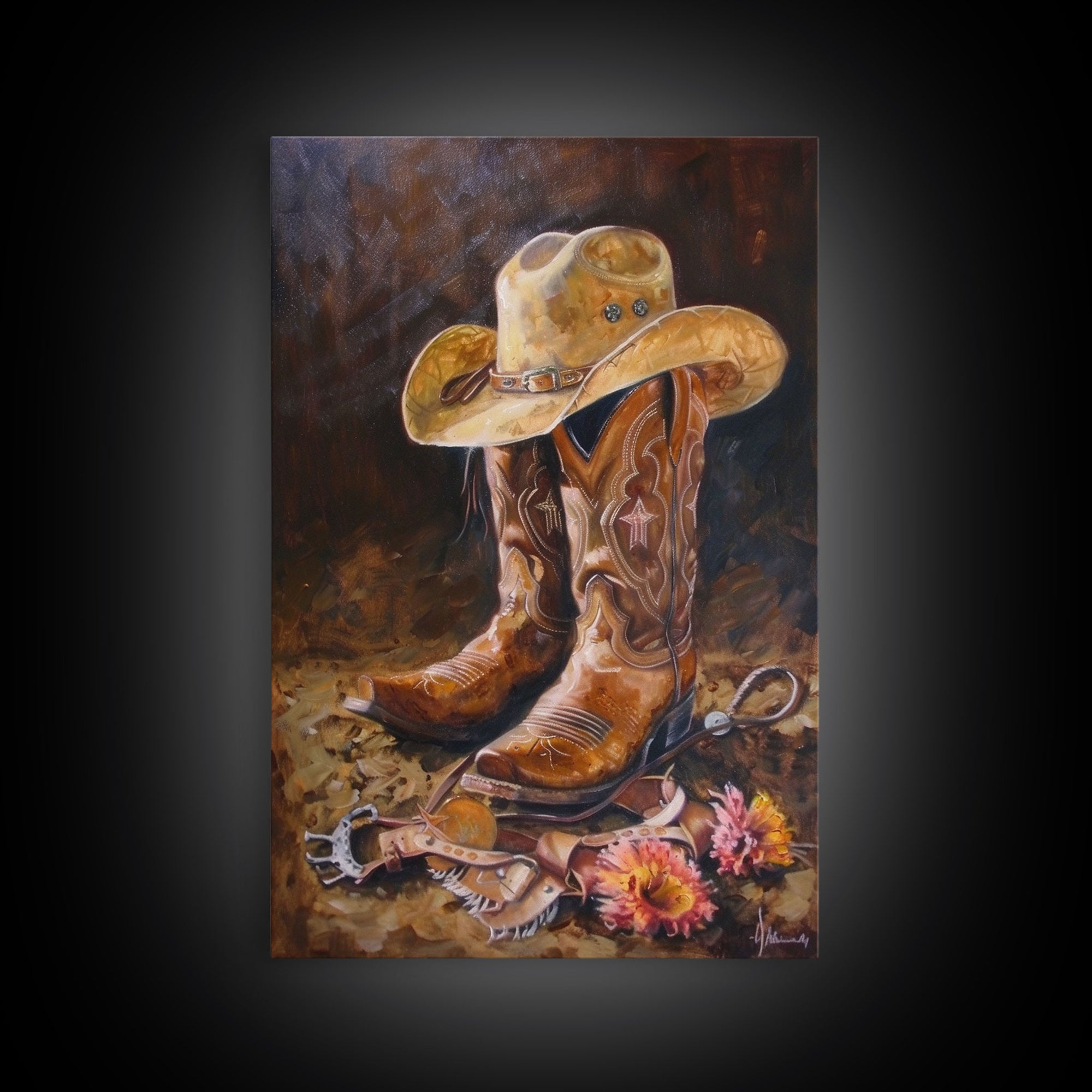 Classic Cowboy Hat and Boots Art - Framed Canvas Print, Rustic Bedroom Decor, Cowboy Themed Wall Art for Home, Western Artwork