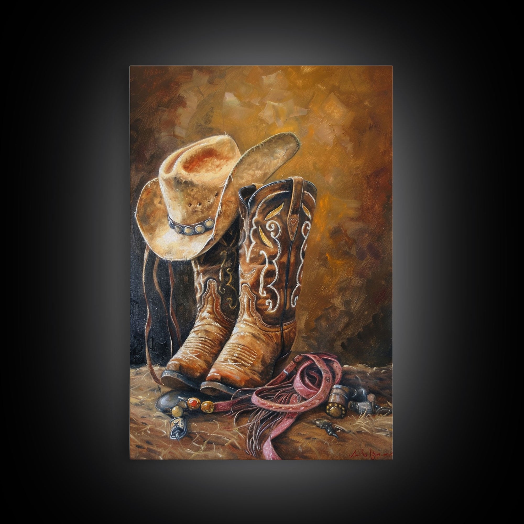 Traditional Cowboy Boots and Hat Art - Framed Canvas Print, Rustic Living Room Decor, Western Wall Art, Cowboy Home Decor