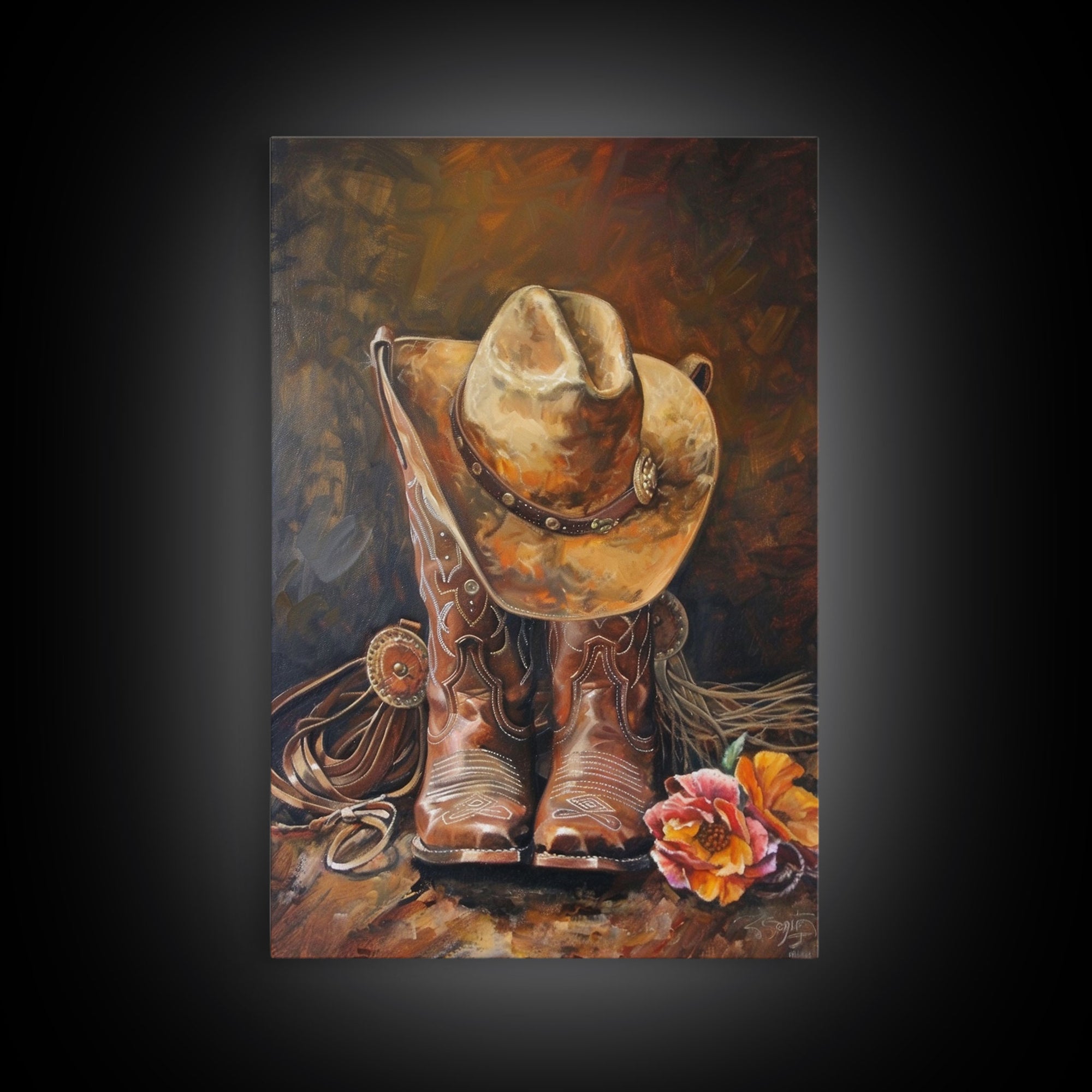 Cowboy Boots and Hat with Flowers Art - Framed Canvas Print, Rustic Wall Decor, Western Bedroom Art, Cowboy Home Decoration