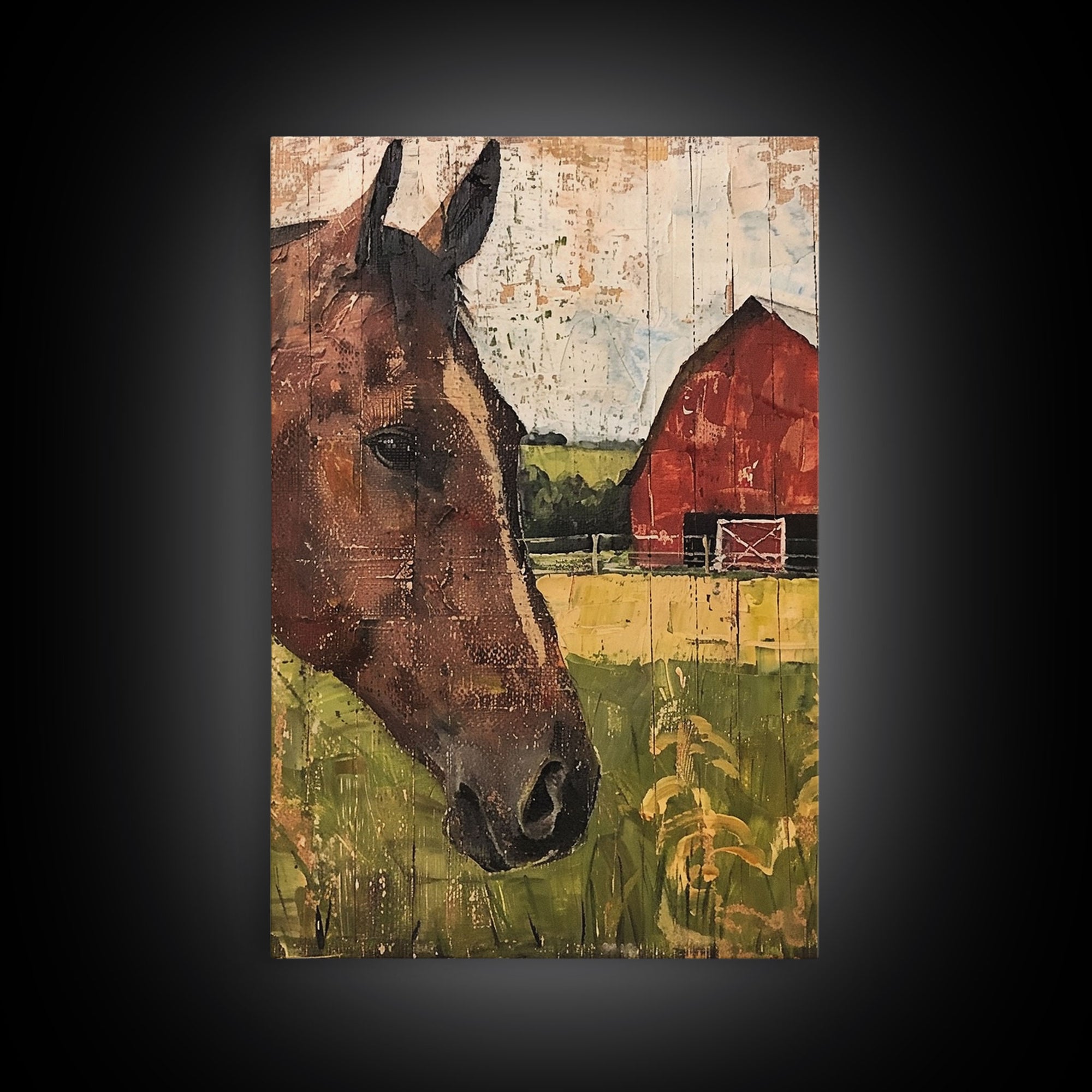 Horse and Barn Rustic Farm Art - Framed Canvas Print, Farmhouse Living Room Decor, Horse Wall Art, Rustic Home Decoration