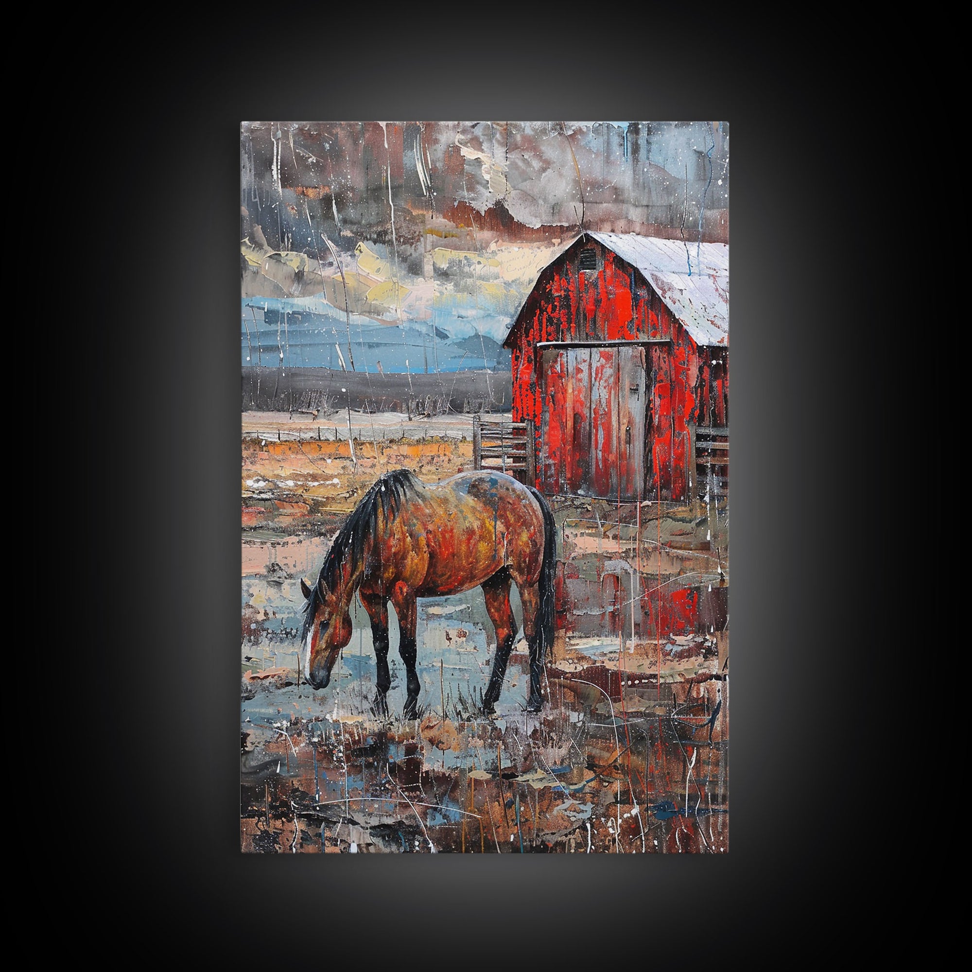 Red Barn and Horse Art Print - Framed Canvas Print, Rustic Living Room Decor, Farmhouse Wall Art, Horse and Barn Home Decoration