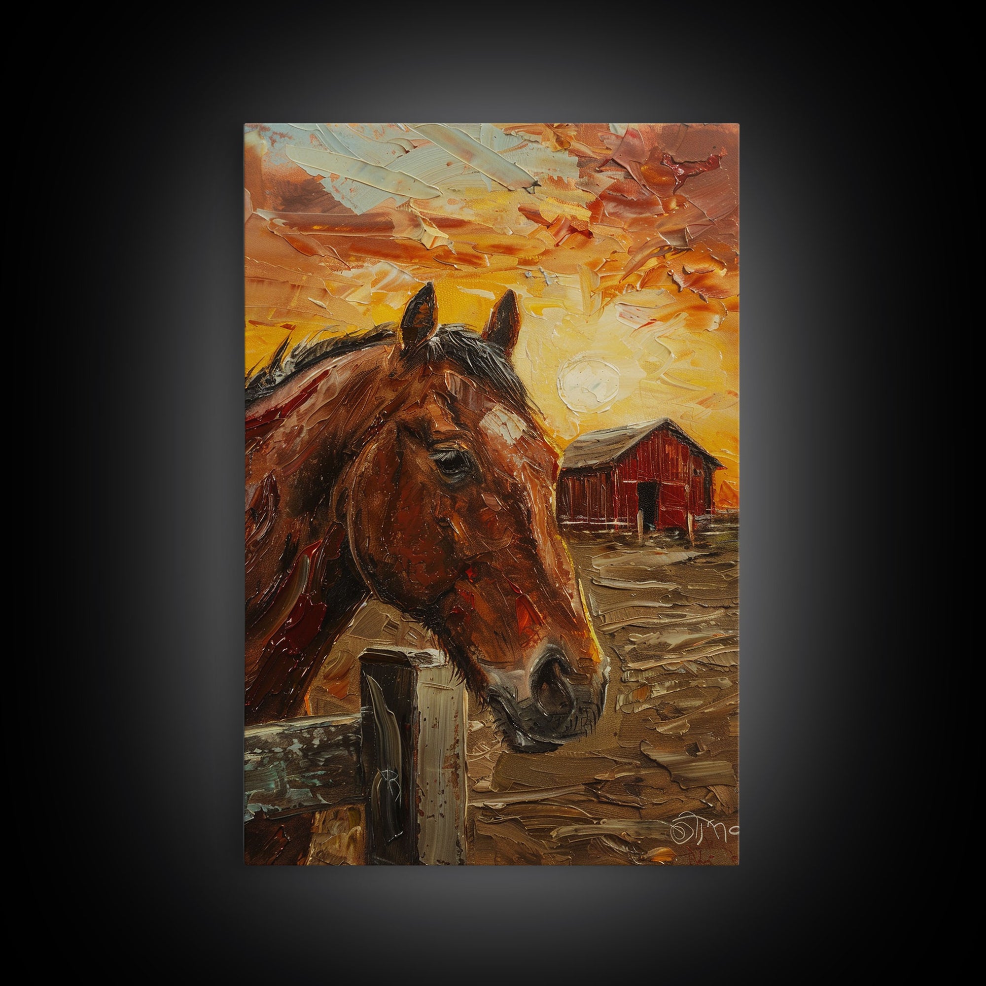 Horse with Red Barn Sunset Art - Framed Canvas Print, Rustic Bedroom Decor, Farmhouse Wall Art, Horse and Barn Home Decoration