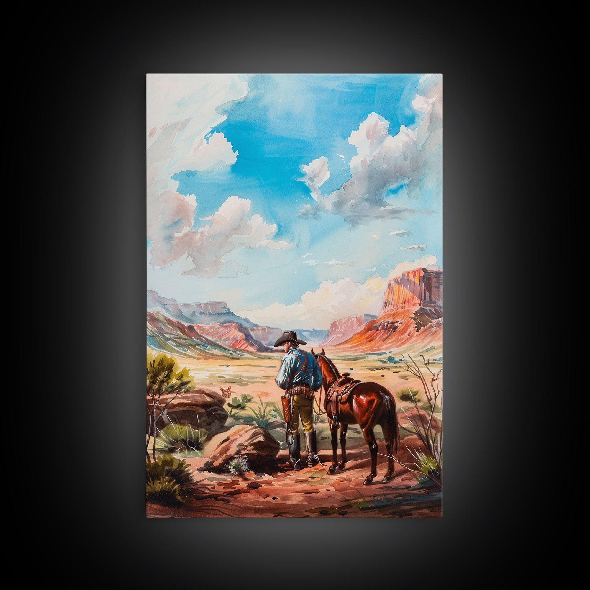 Cowboy and Horse Desert Scene Art - Framed Canvas Print, Western Living Room Decor, Cowboy Wall Art, Desert Home Decoration