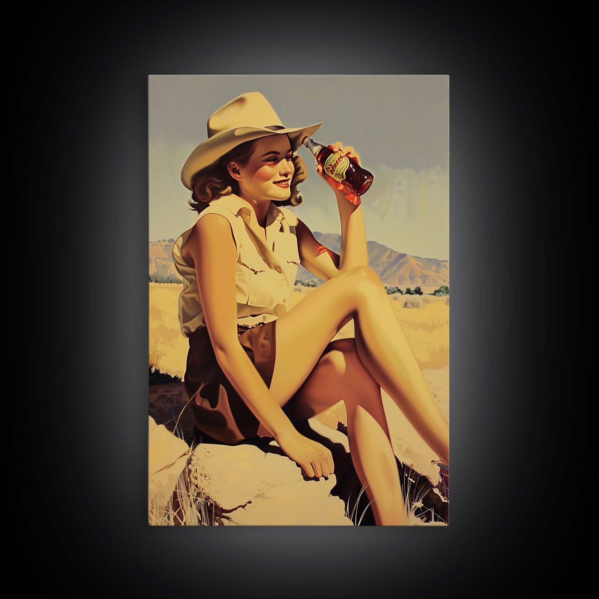 Vintage Cowgirl Drinking Beverage Art - Framed Canvas Print, Rustic Living Room Decor, Cowgirl Wall Art, Western Home Decoration