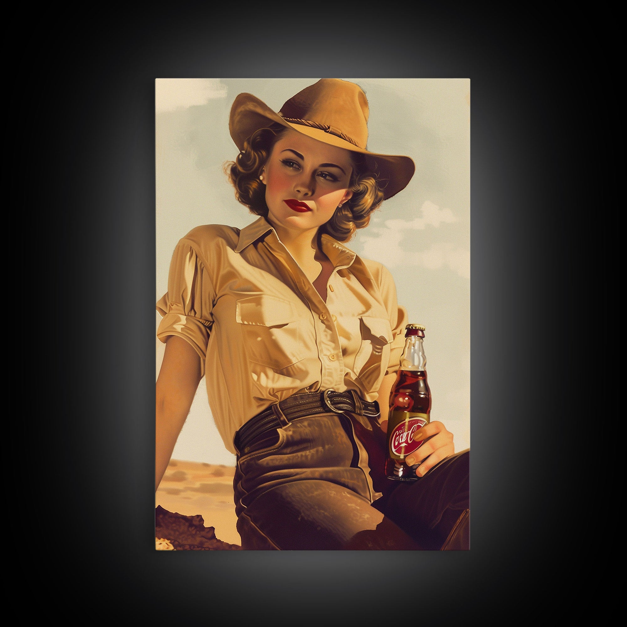 Cowgirl with Beverage Classic Art - Framed Canvas Print, Rustic Bedroom Decor, Cowgirl Wall Art, Vintage Home Decoration