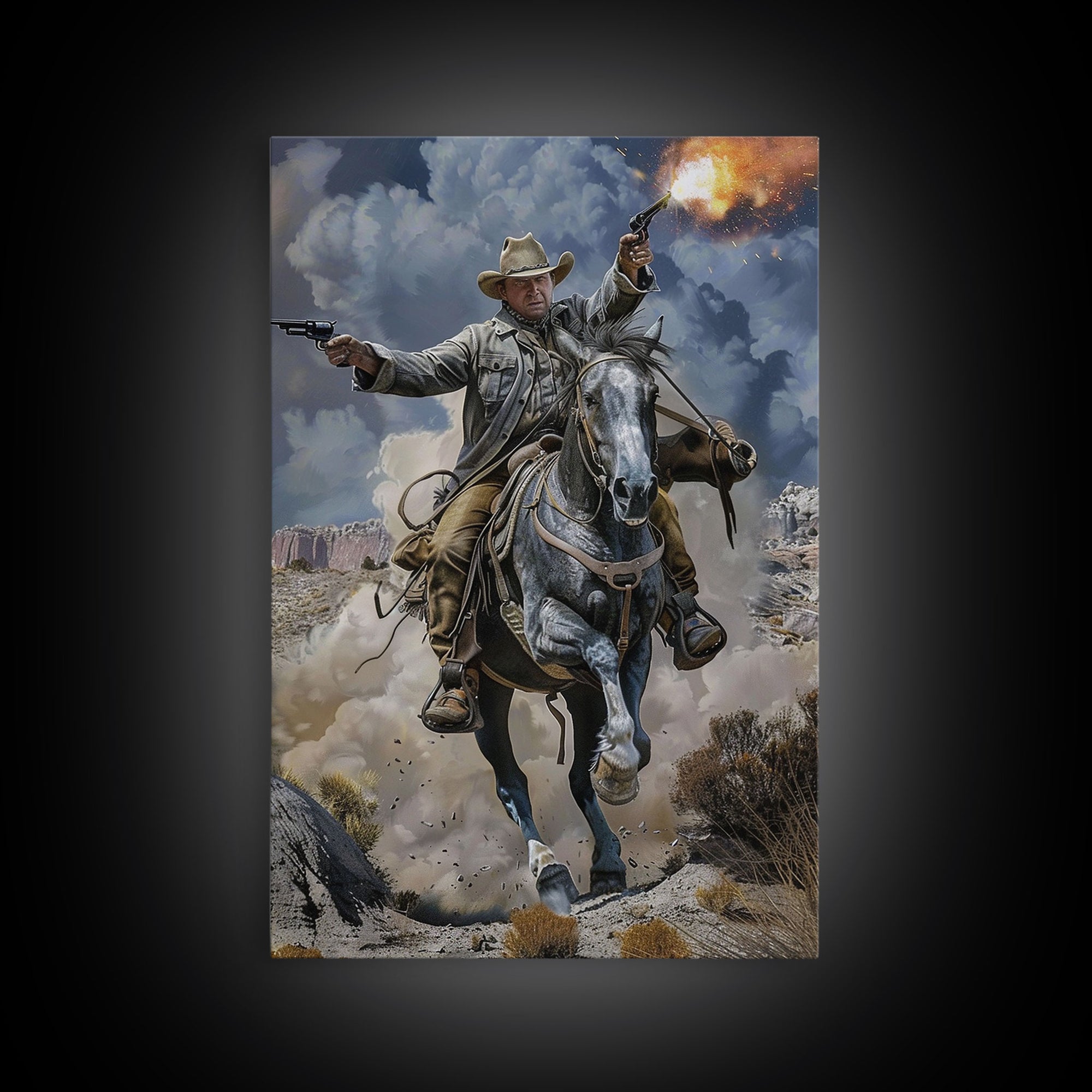 Framed Canvas Print, Dynamic Cowboy Shooting Pistols Wall Art, Western Decor for Living Room or Bedroom, Exciting Wall Art, Home Decoration