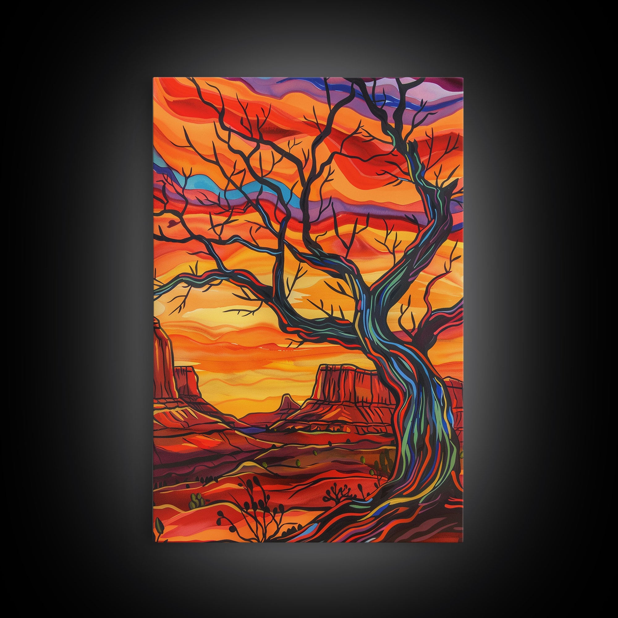 Framed Canvas Print, Vibrant Desert Landscape with Tree Wall Art, Colorful Southwest Decor for Living Room or Bedroom, Nature Wall Art Piece