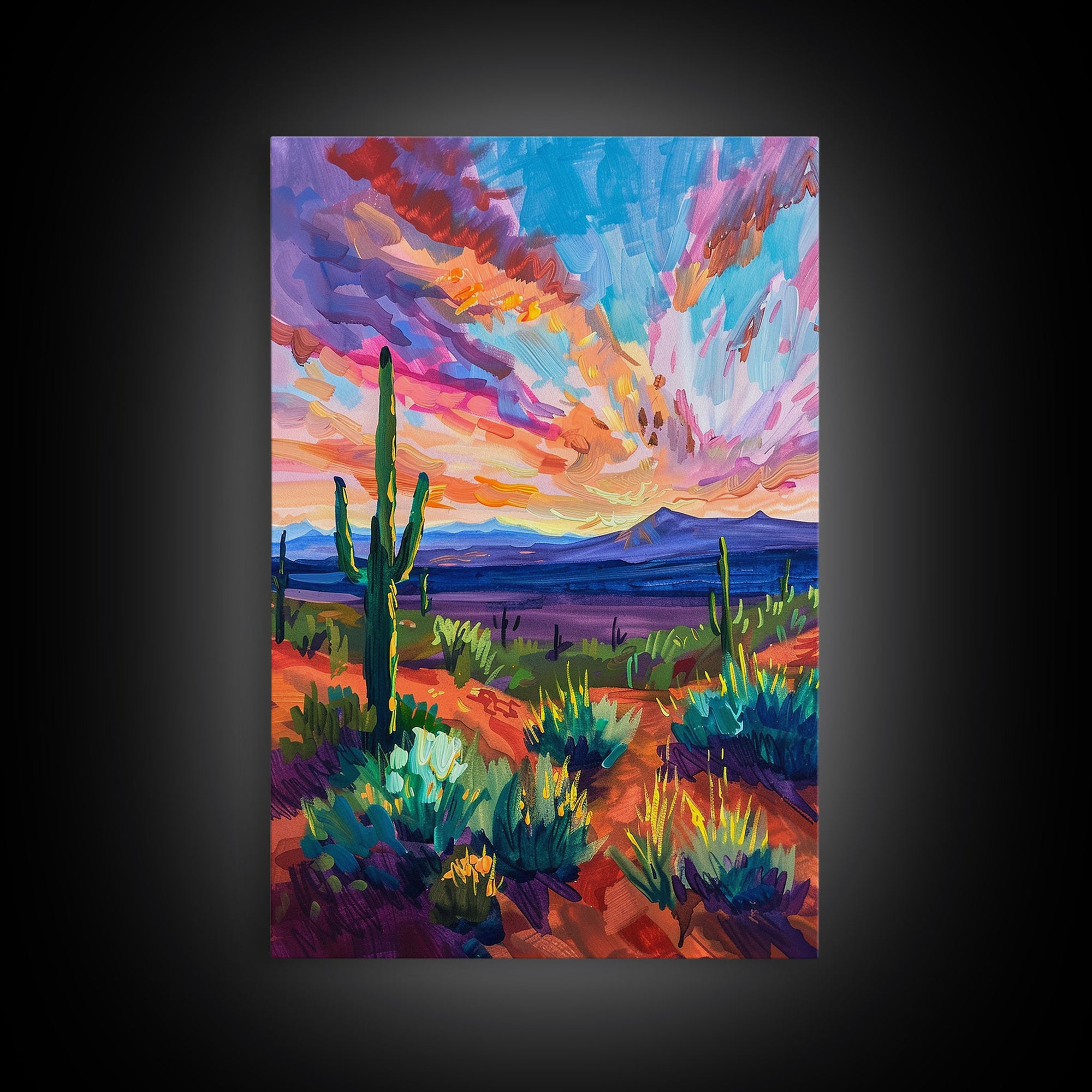 Framed Canvas Print, Cacti and Mountains at Sunset Wall Art, Vibrant Southwest Decor for Living Room or Bedroom, Nature Art Decoration Piece