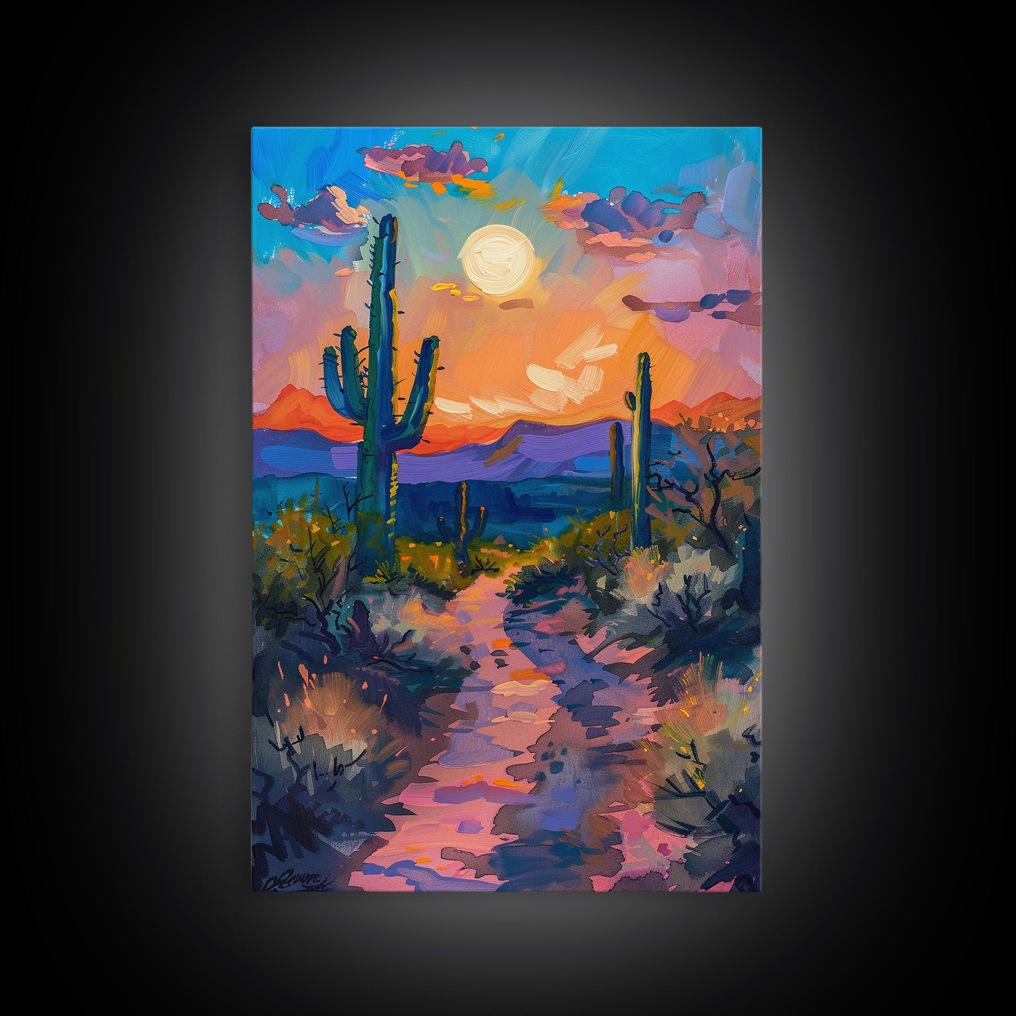 Framed Canvas Print, Colorful Desert Sunset with Cacti Wall Art, Southwest Landscape for Living Room or Bedroom, Vibrant Wall Art Piece