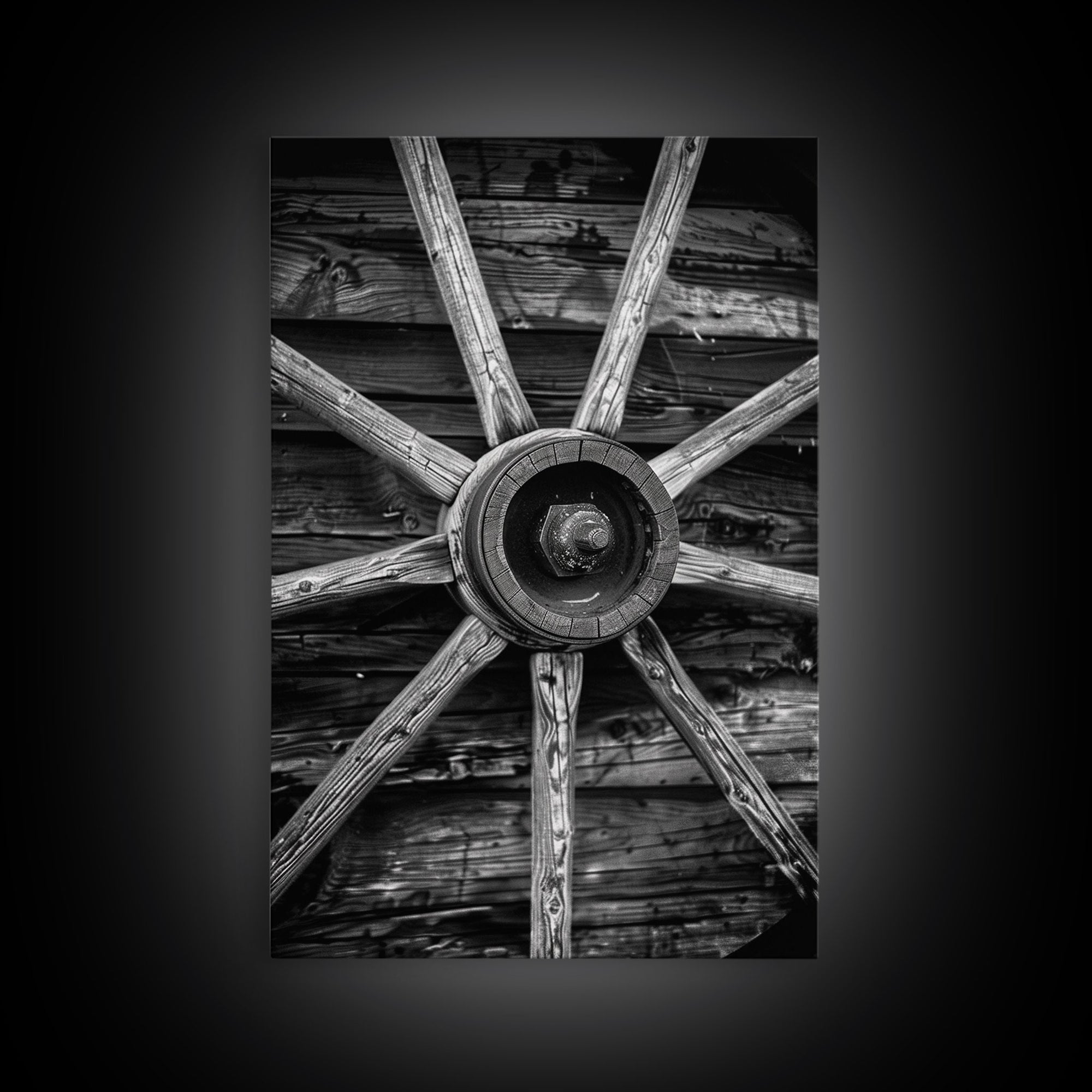 Rustic wagon wheel against wooden background, black and white Western decor Framed Canvas Print, vintage wall art for home living room decor