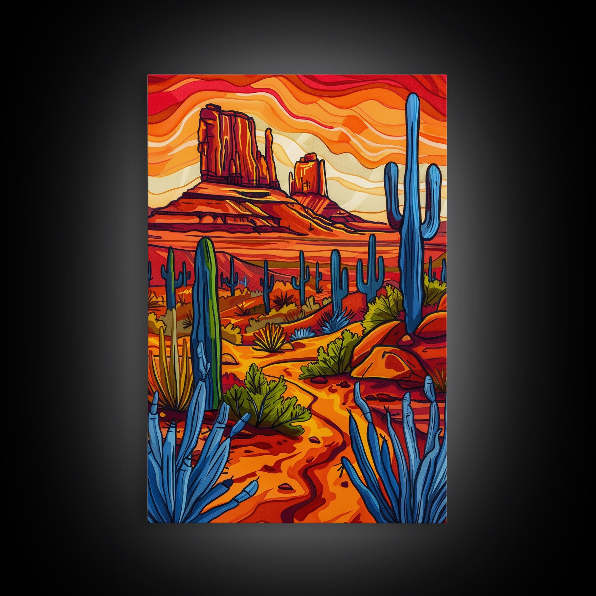 Framed Canvas Print, Vibrant Desert Scene with Cacti and Mesas, Perfect Southwest Wall Art for Living Room or Bedroom Decor