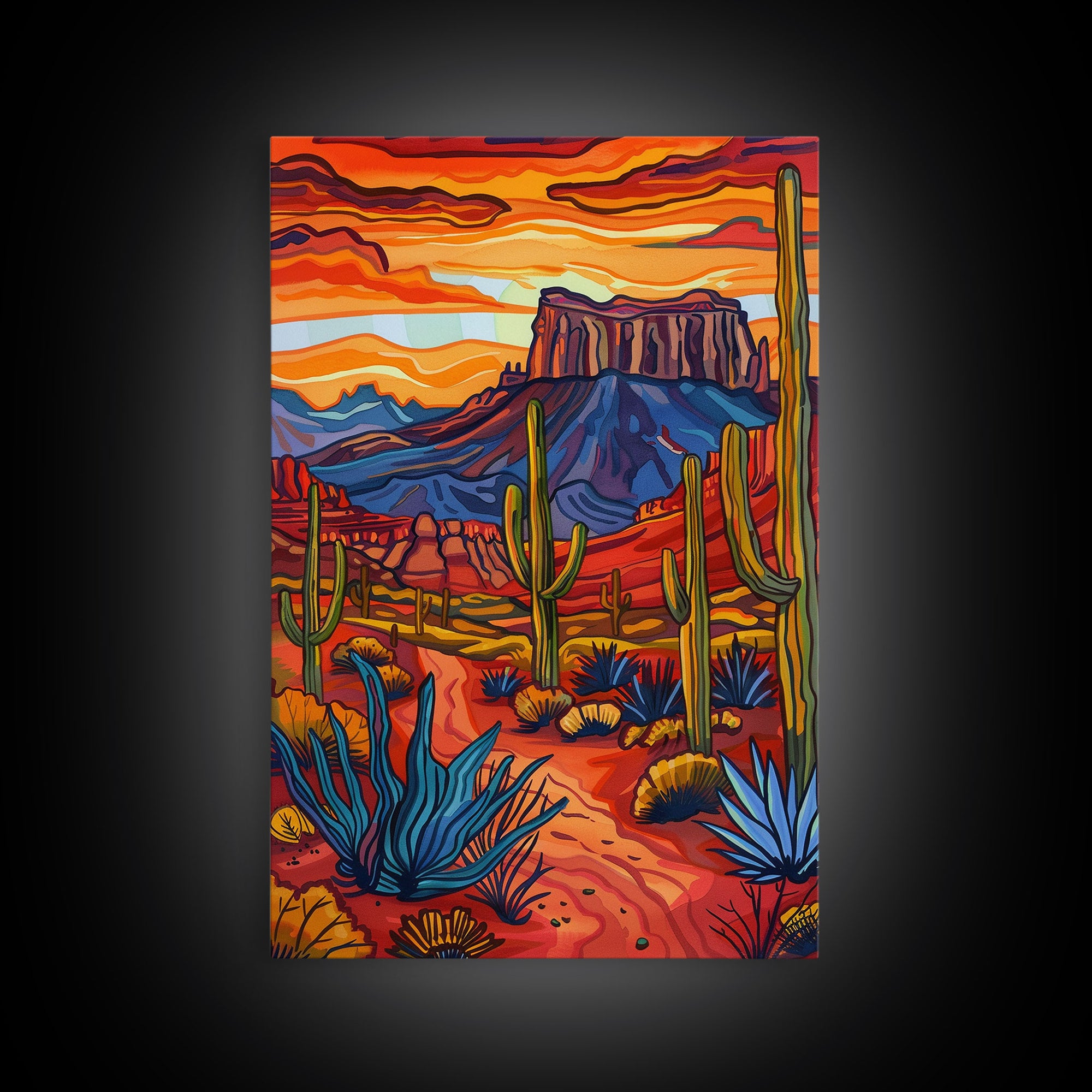 Framed Canvas Print, Bold Desert Landscape with Saguaro Cacti and Mountains, Unique Wall Art for Living Room or Bedroom