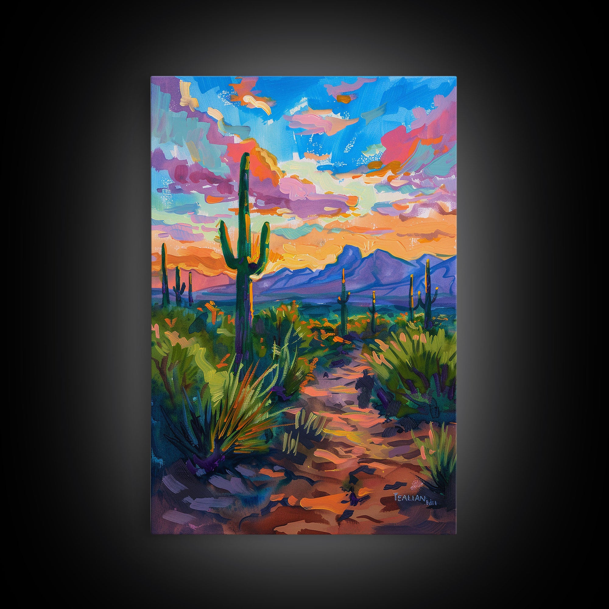 Framed Canvas Print, Sunset Over Desert with Cacti, Stunning Wall Art for Living Room or Bedroom Decor